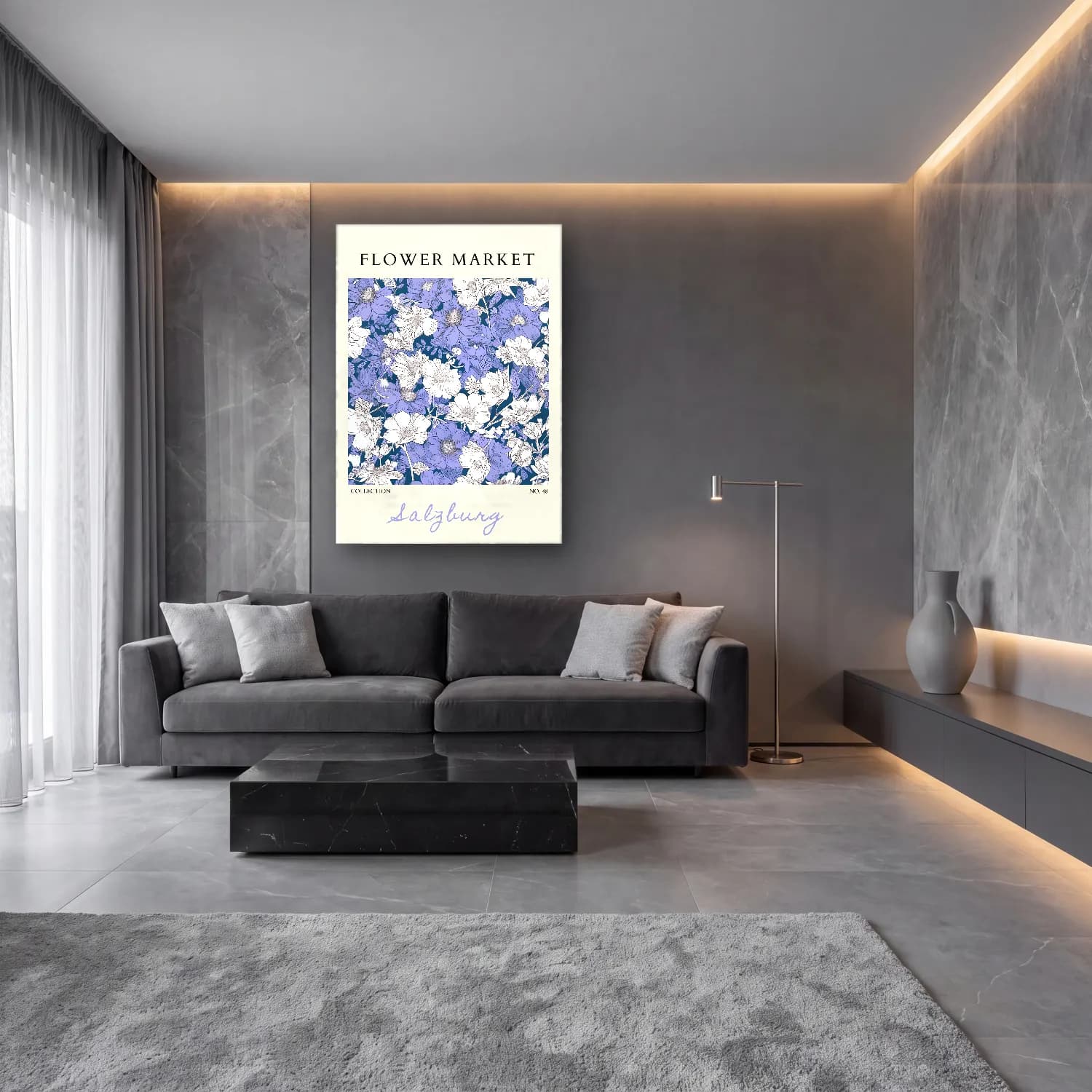 Pastel Çiçek Deseni No. 163 cam tablo — lüks salon duvarında