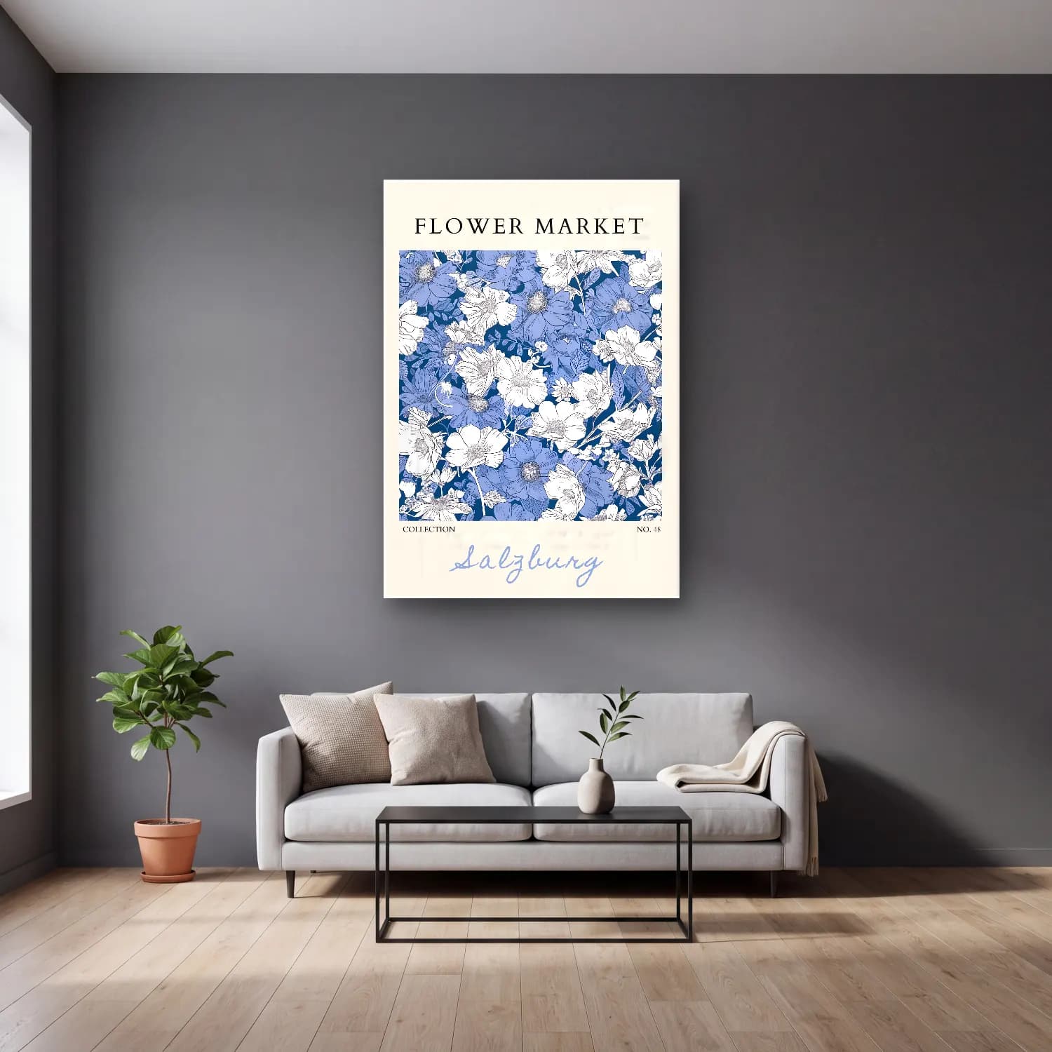 Pastel Çiçek Deseni No. 163 cam tablo — gri duvarlı salonda