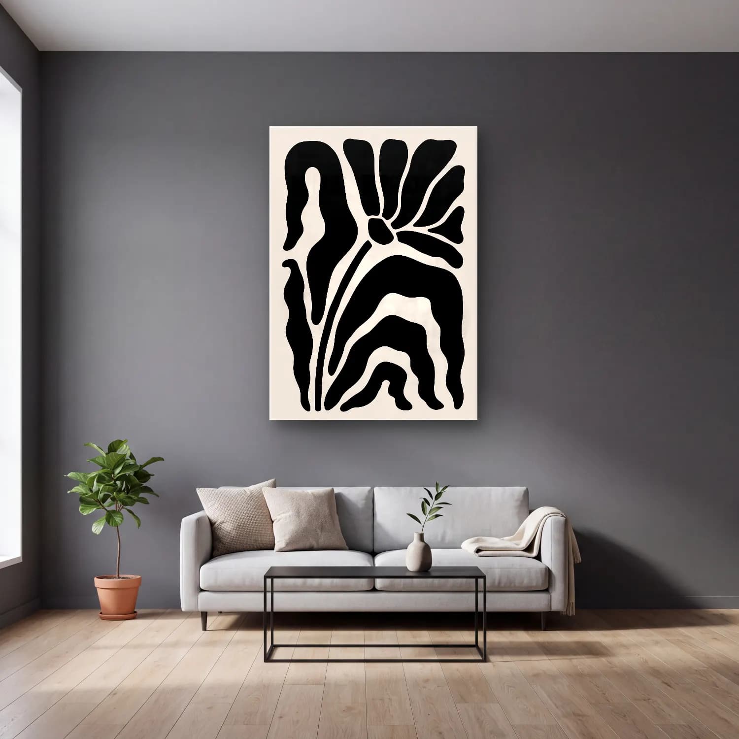 Boho Çiçek Deseni No. 48 cam tablo — gri duvarlı salonda