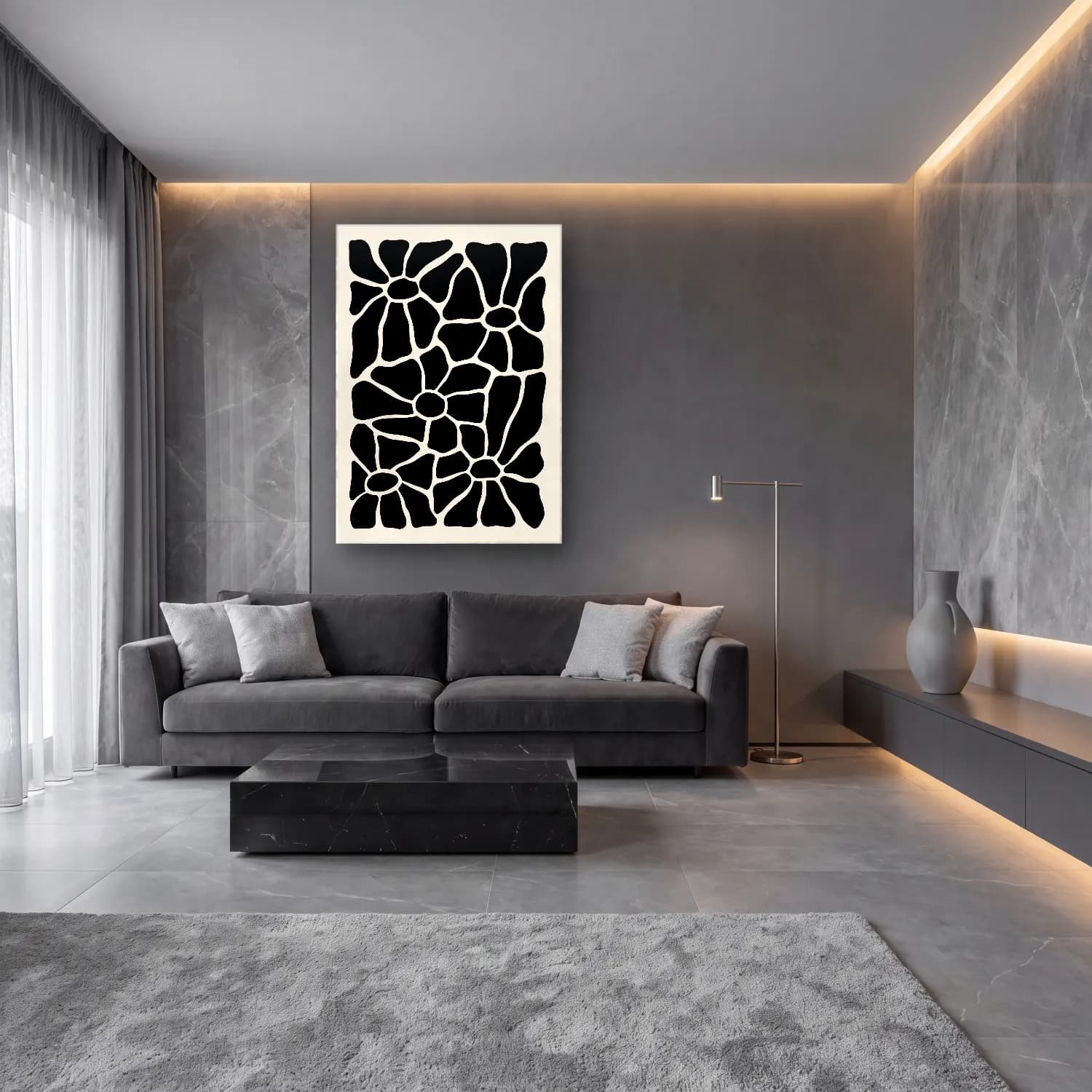 Boho Çiçek Deseni No. 49 cam tablo — lüks salon duvarında