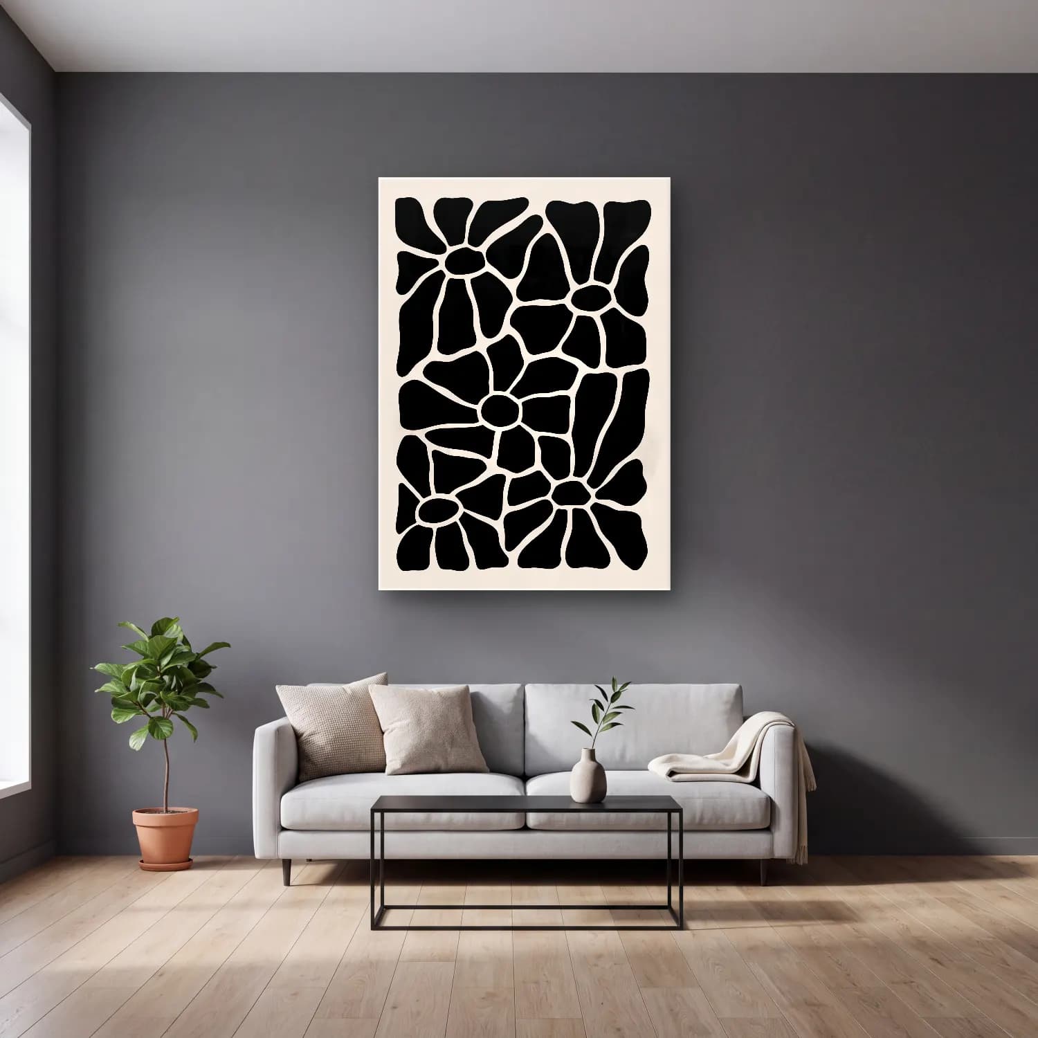 Boho Çiçek Deseni No. 49 cam tablo — gri duvarlı salonda