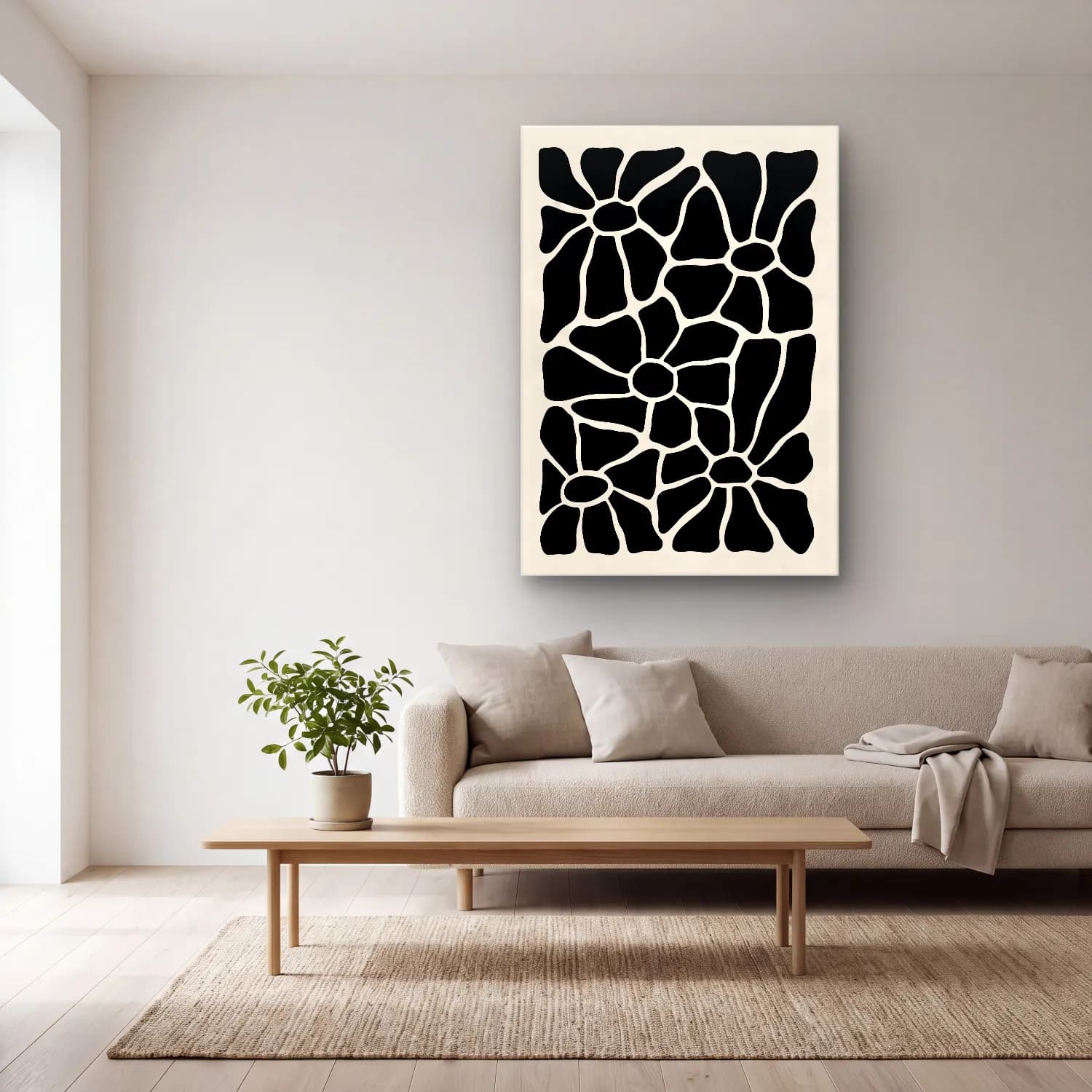 Boho Çiçek Deseni No. 49 cam tablo — açık renk salonda