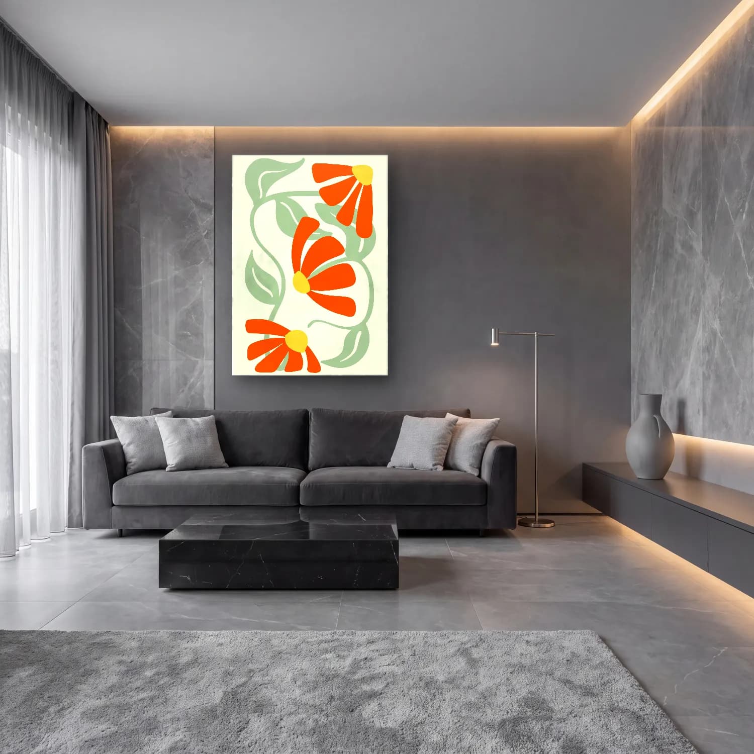 Boho Çiçek Deseni No. 50 cam tablo — lüks salon duvarında