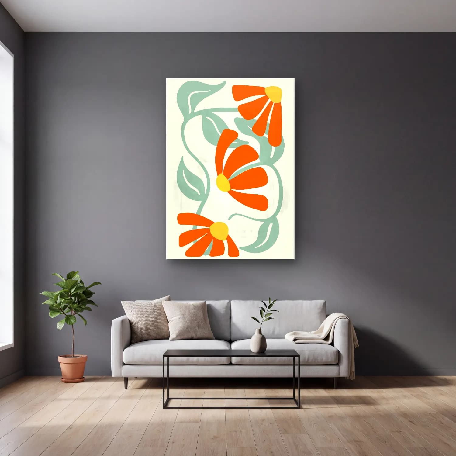 Boho Çiçek Deseni No. 50 cam tablo — gri duvarlı salonda