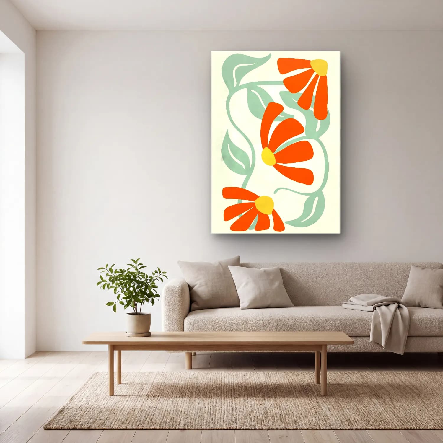 Boho Çiçek Deseni No. 50 cam tablo — açık renk salonda