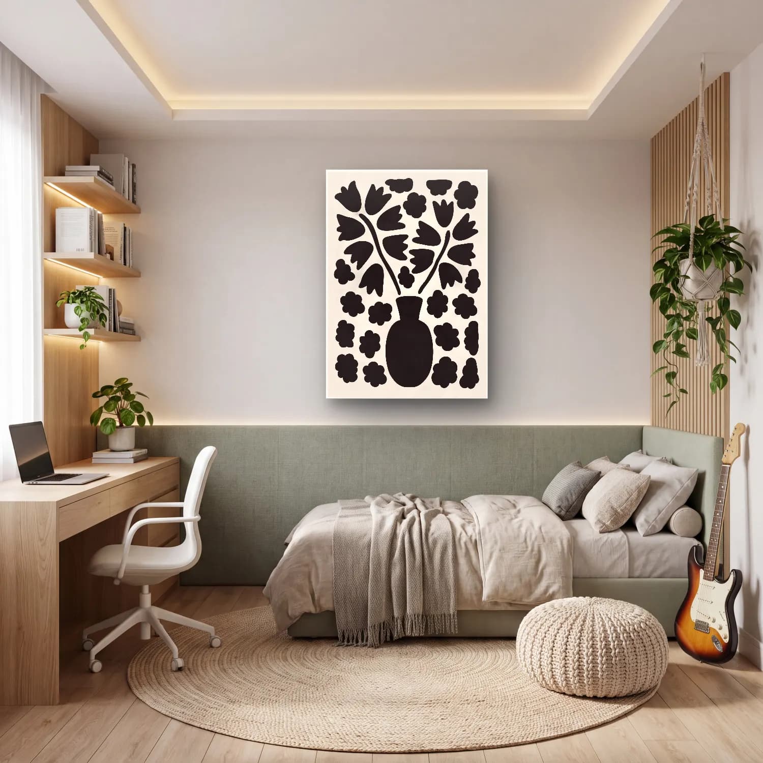 Boho Vazo – Siyah Beyaz Tonlar cam tablo — genç odasında