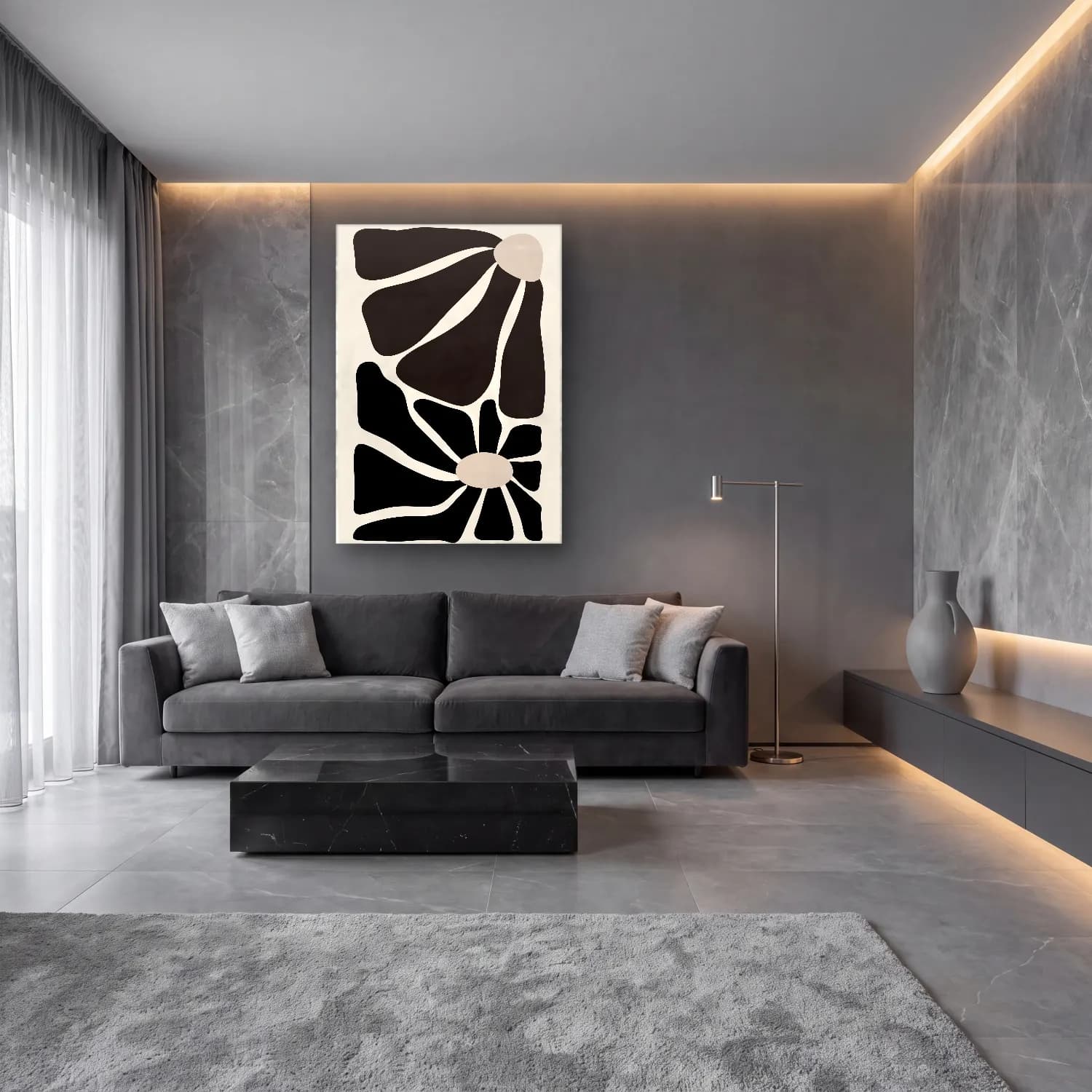 Siyah Beyaz Çiçek Deseni No. 12 cam tablo — lüks salon duvarında
