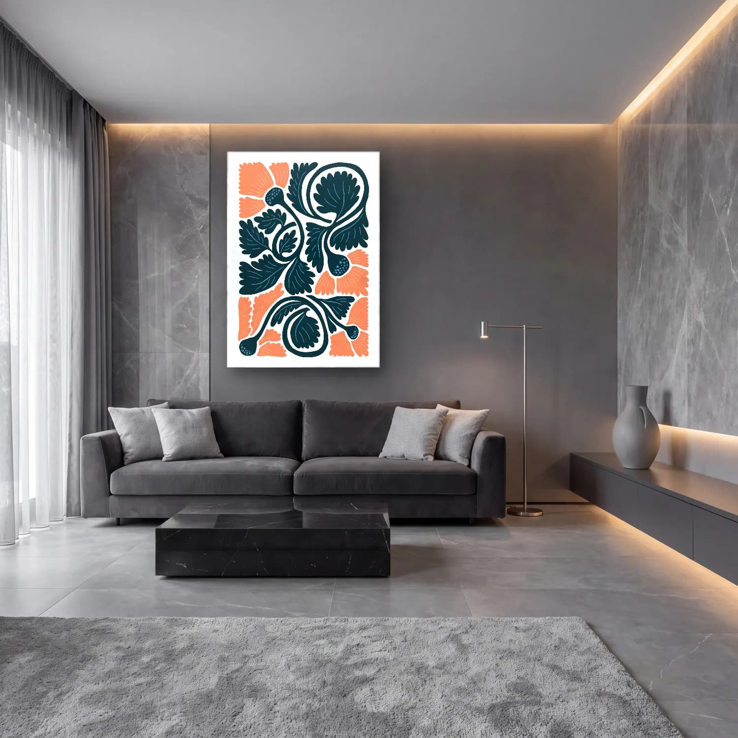 Boho Çiçek Deseni No. 52 cam tablo — lüks salon duvarında