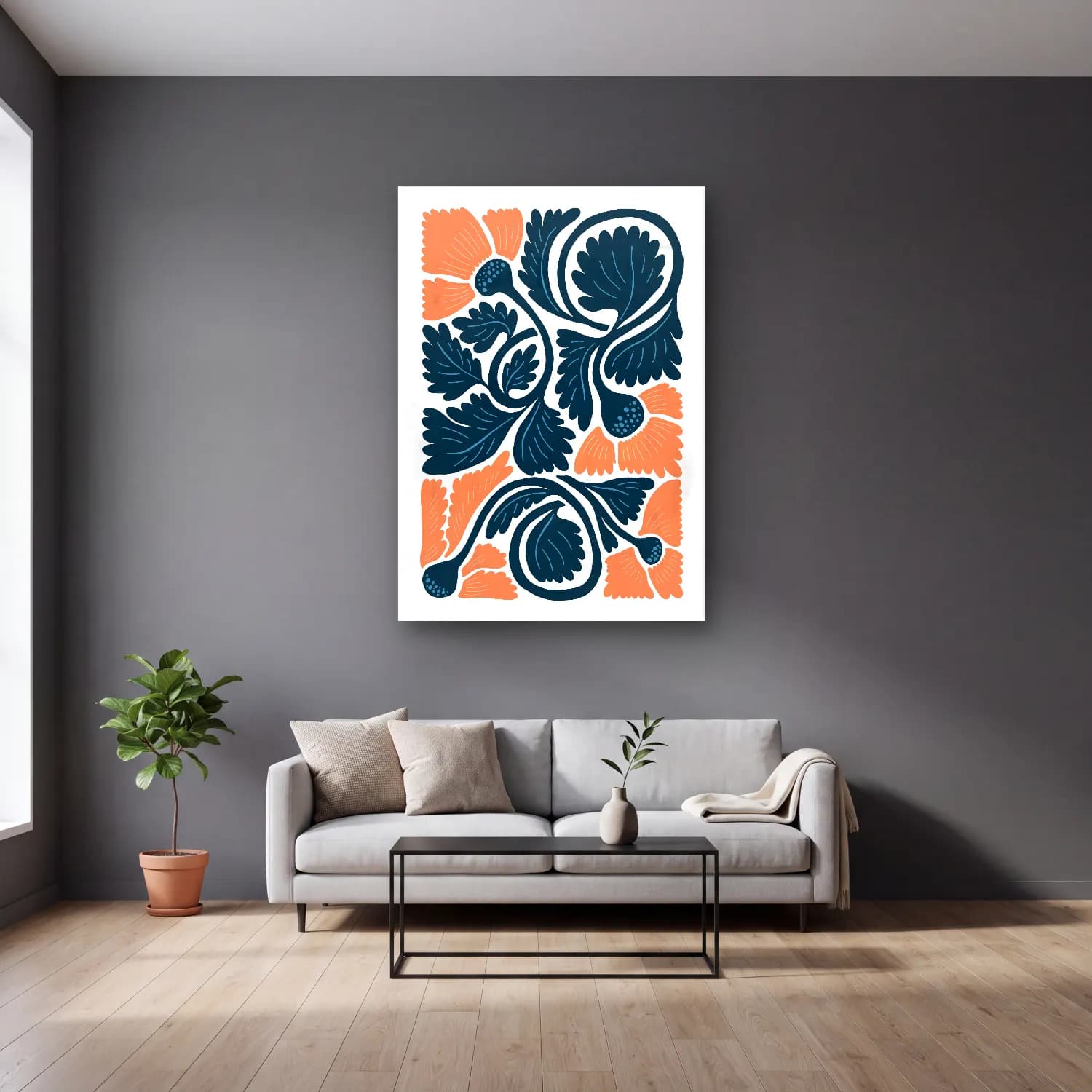 Boho Çiçek Deseni No. 52 cam tablo — gri duvarlı salonda