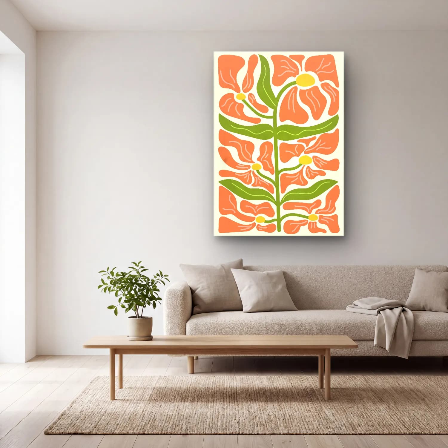 Boho Çiçek Deseni No. 53 cam tablo — açık renk salonda