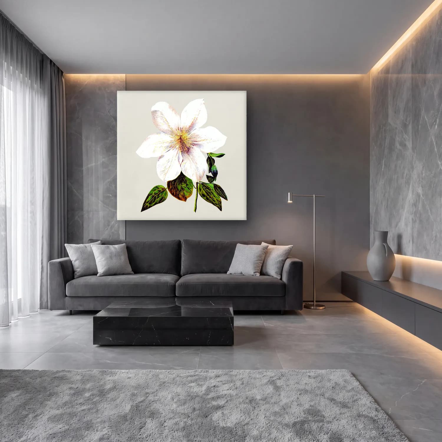 Botanik İllüstrasyon Çiçek Deseni No. 105 cam tablo — lüks salon duvarında