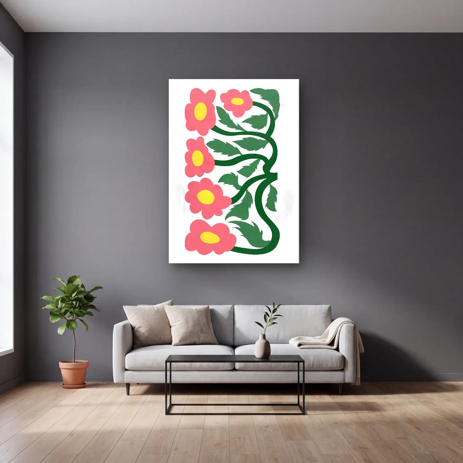 Botanik İllüstrasyon Çiçek Deseni No. 85 cam tablo — gri duvarlı salonda