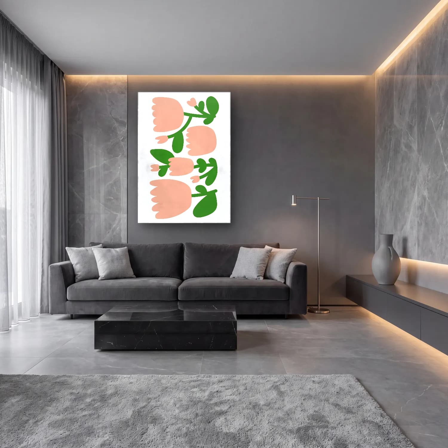Pastel Çiçek Deseni No. 165 cam tablo — lüks salon duvarında