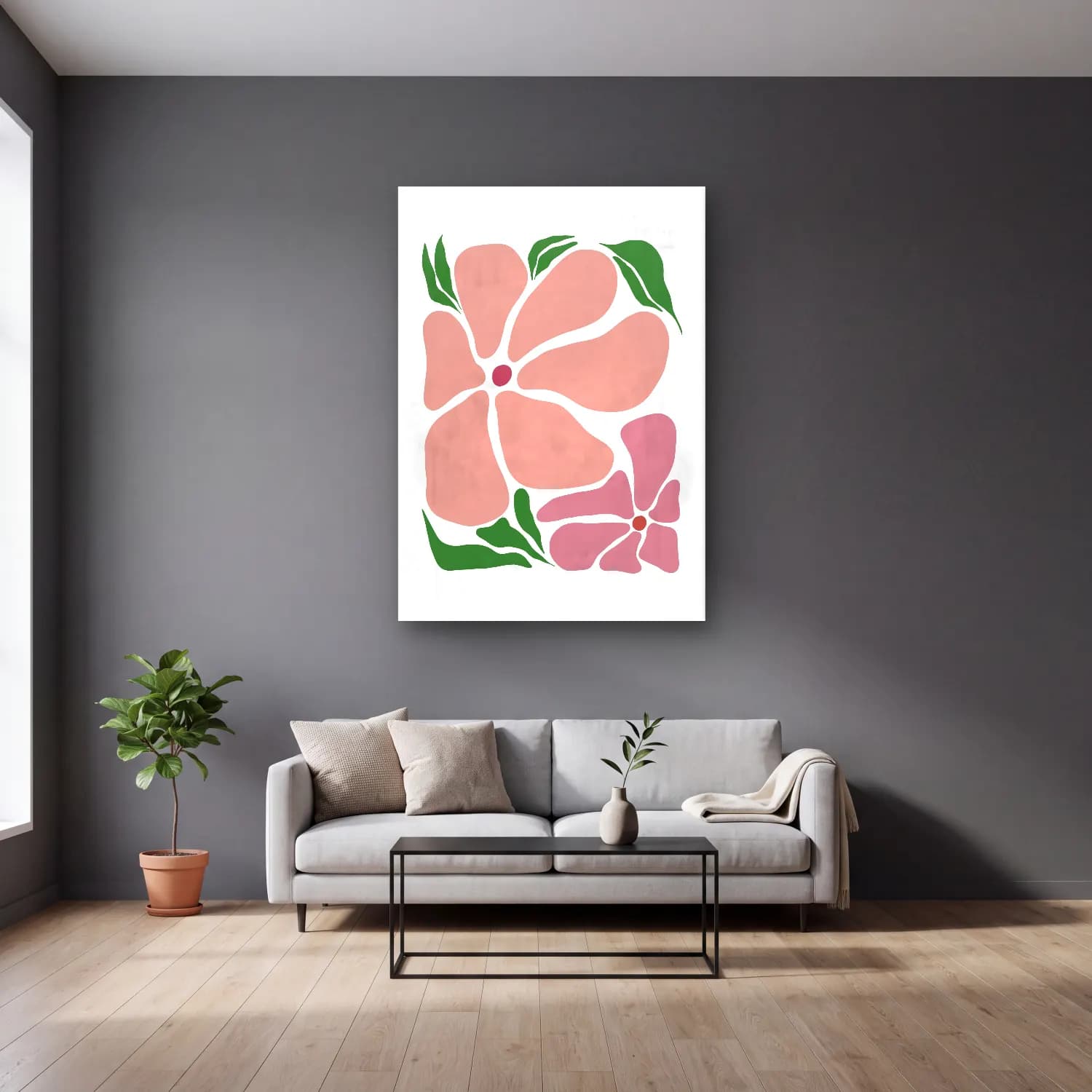 Pastel Çiçek Deseni No. 166 cam tablo — gri duvarlı salonda