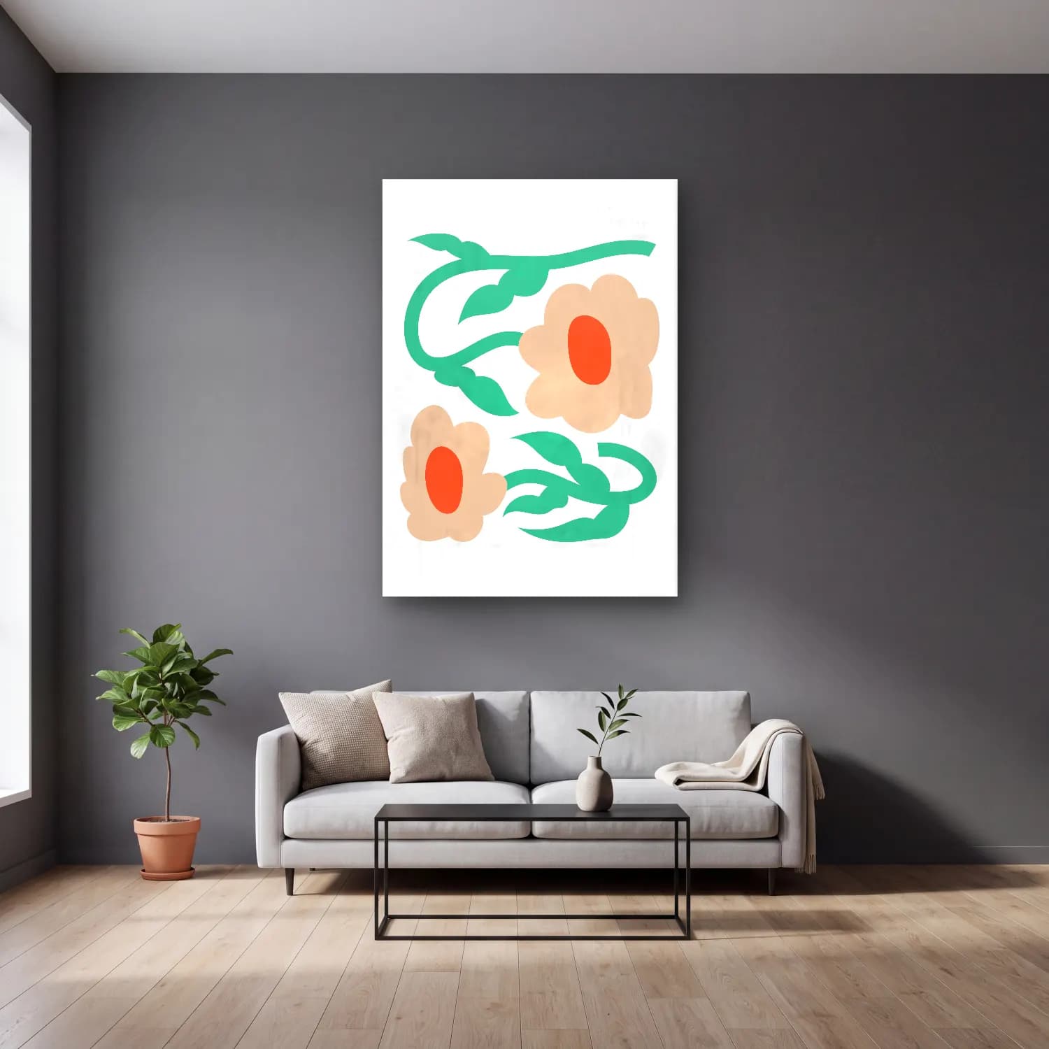 Botanik İllüstrasyon Çiçek Deseni No. 89 cam tablo — gri duvarlı salonda