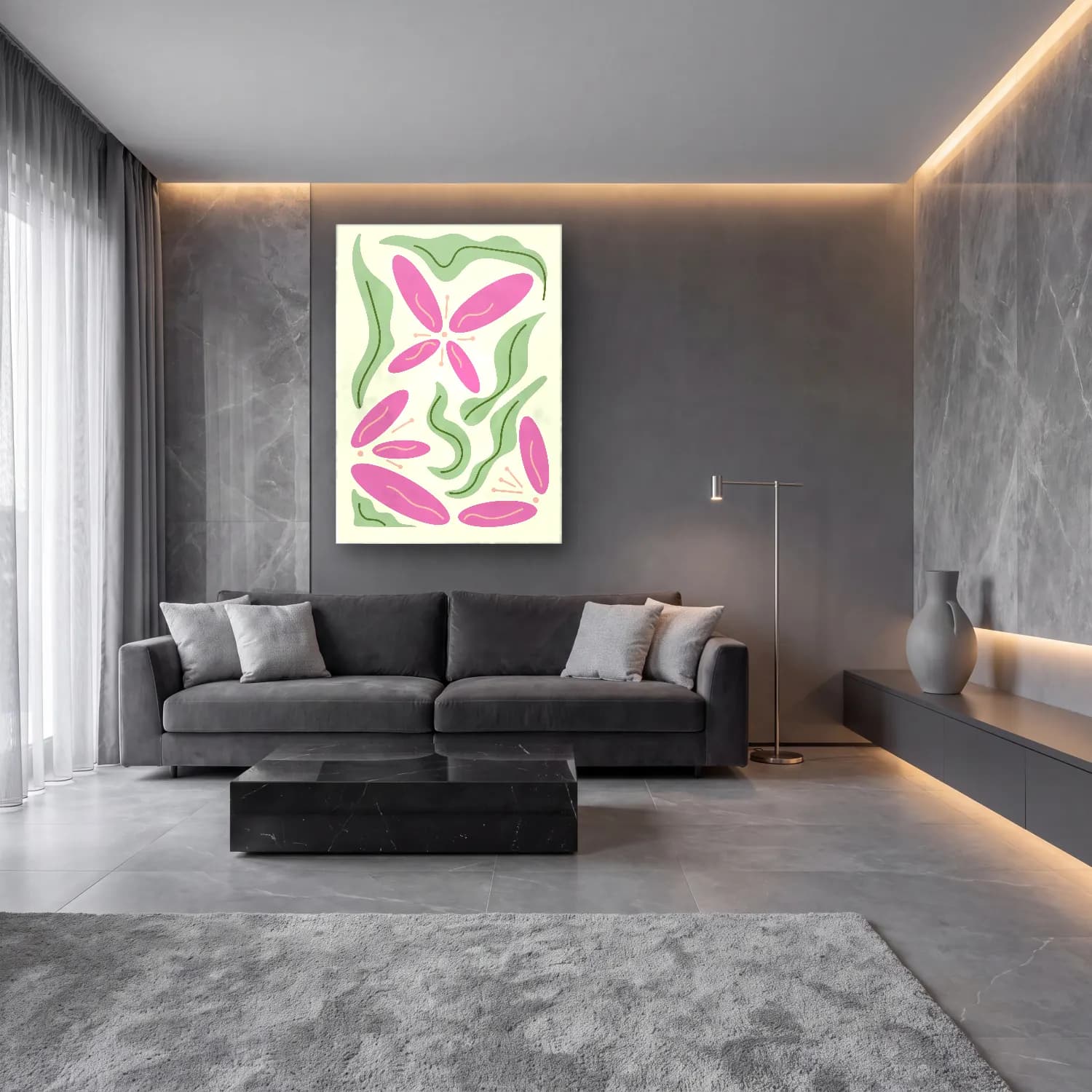 Pastel Çiçek Deseni No. 167 cam tablo — lüks salon duvarında