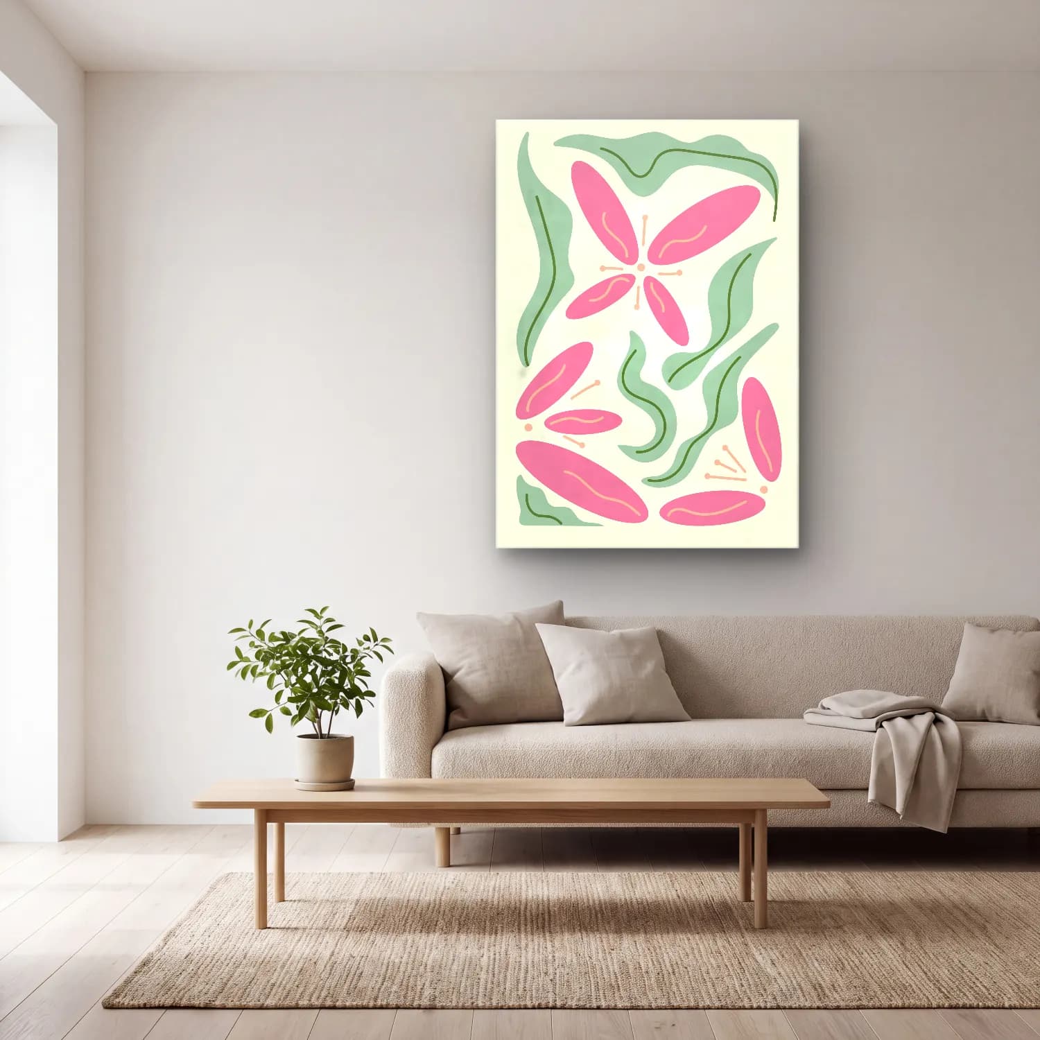 Pastel Çiçek Deseni No. 167 cam tablo — açık renk salonda