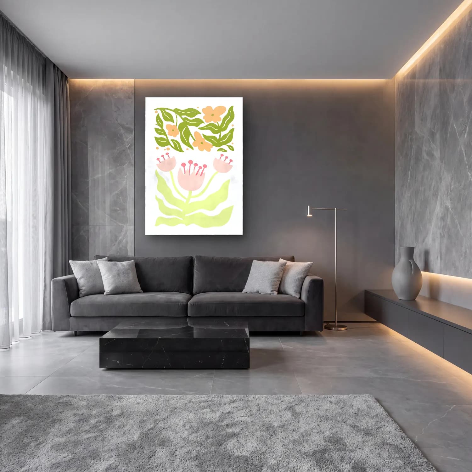 Pastel Çiçek Deseni No. 168 cam tablo — lüks salon duvarında