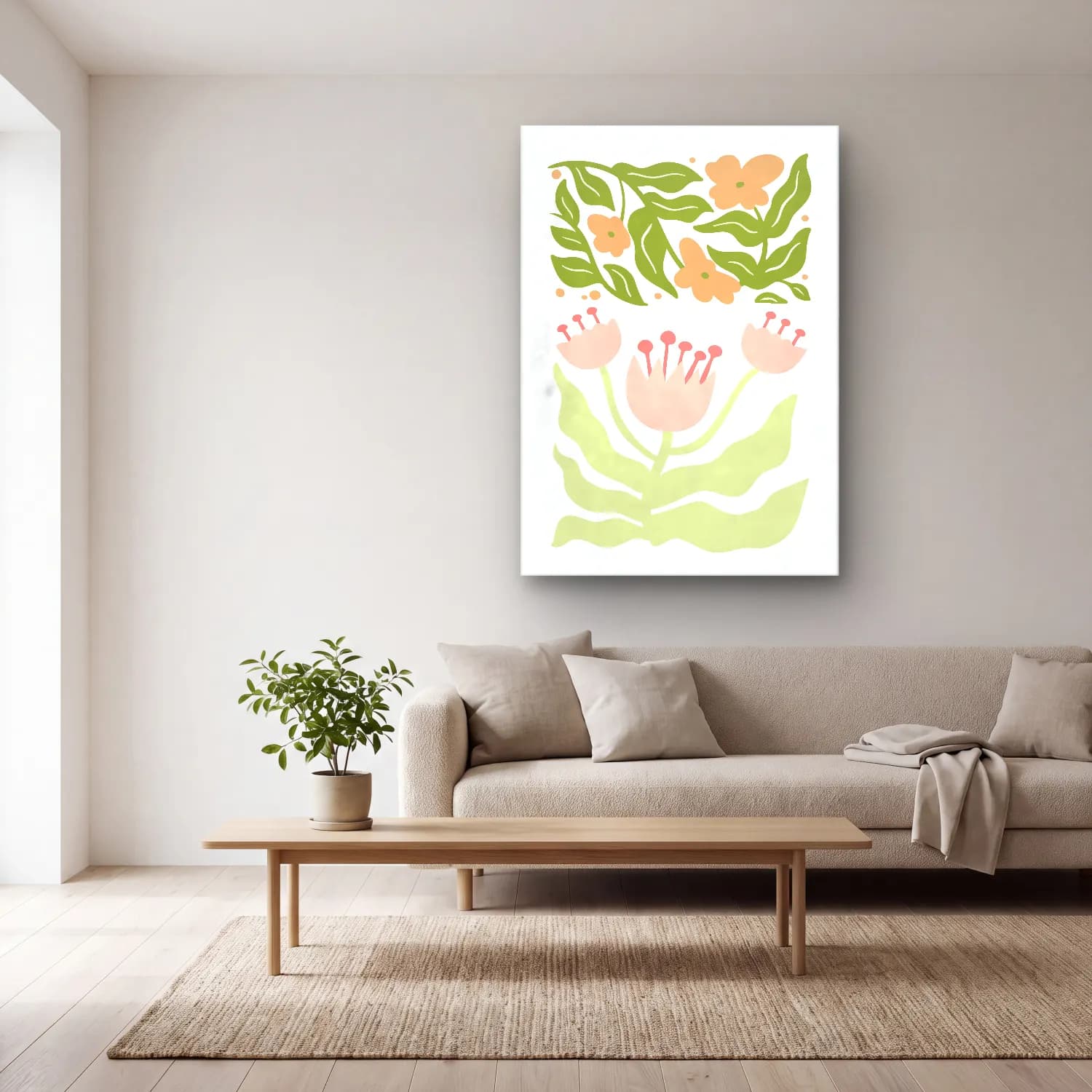 Pastel Çiçek Deseni No. 168 cam tablo — açık renk salonda