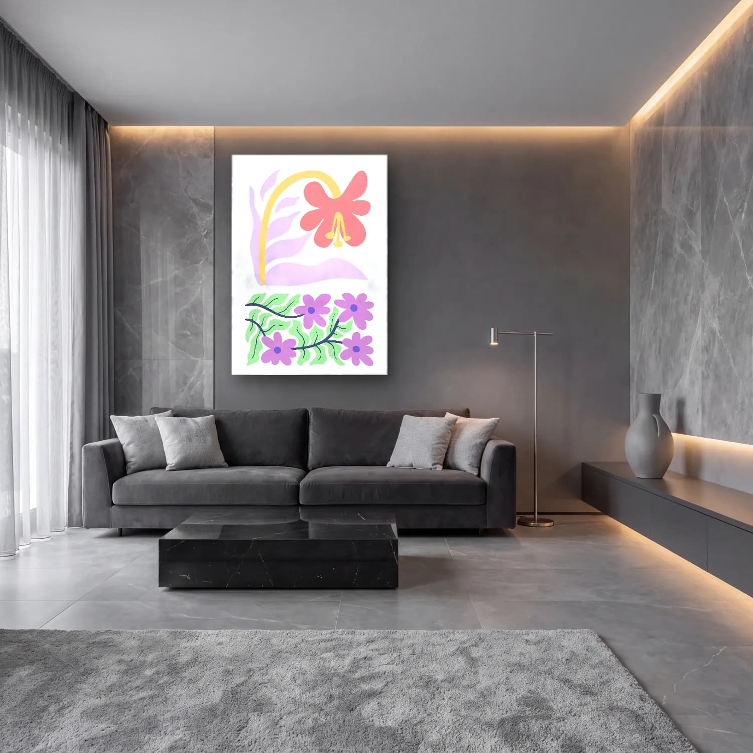 Pastel Çiçek Deseni No. 169 cam tablo — lüks salon duvarında