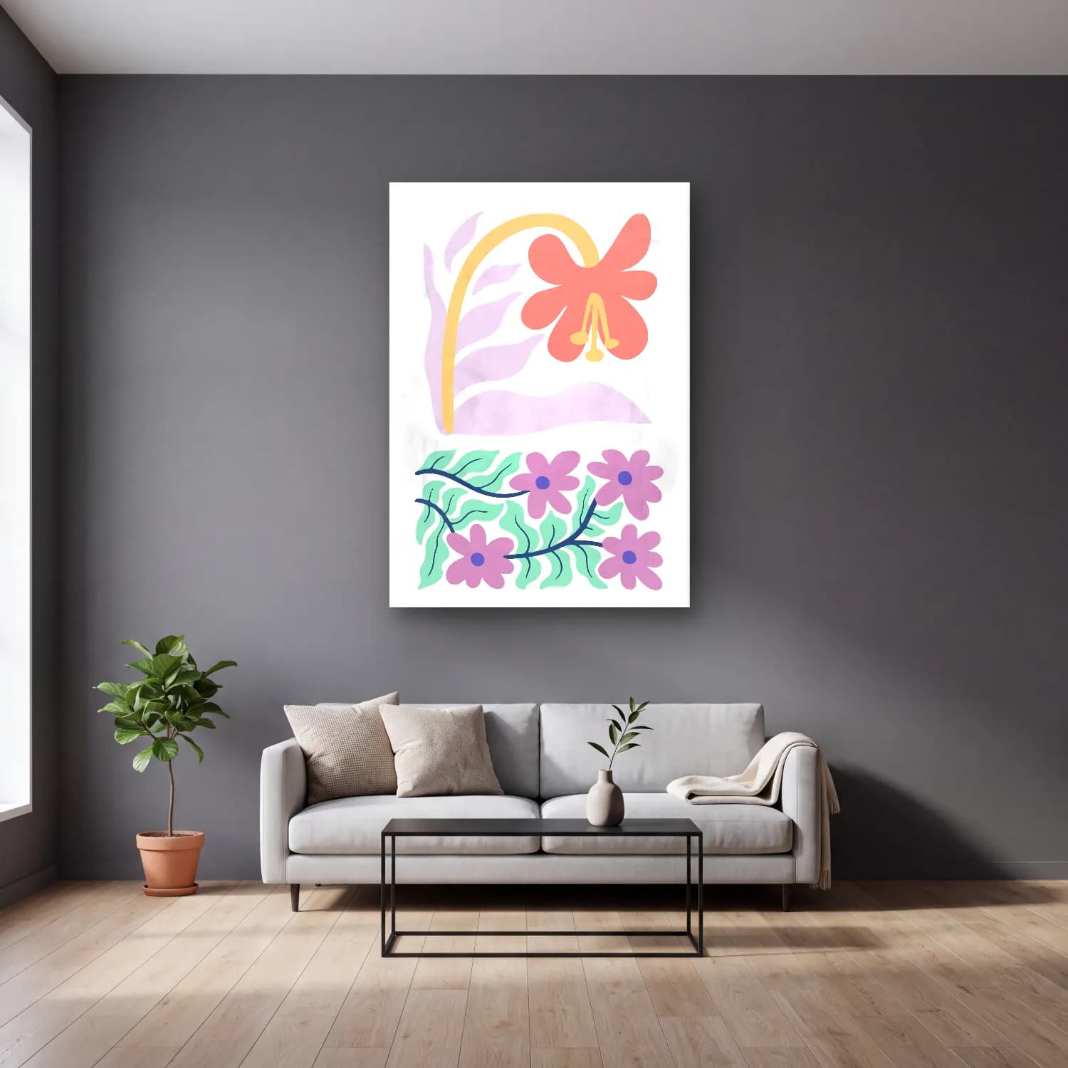 Pastel Çiçek Deseni No. 169 cam tablo — gri duvarlı salonda