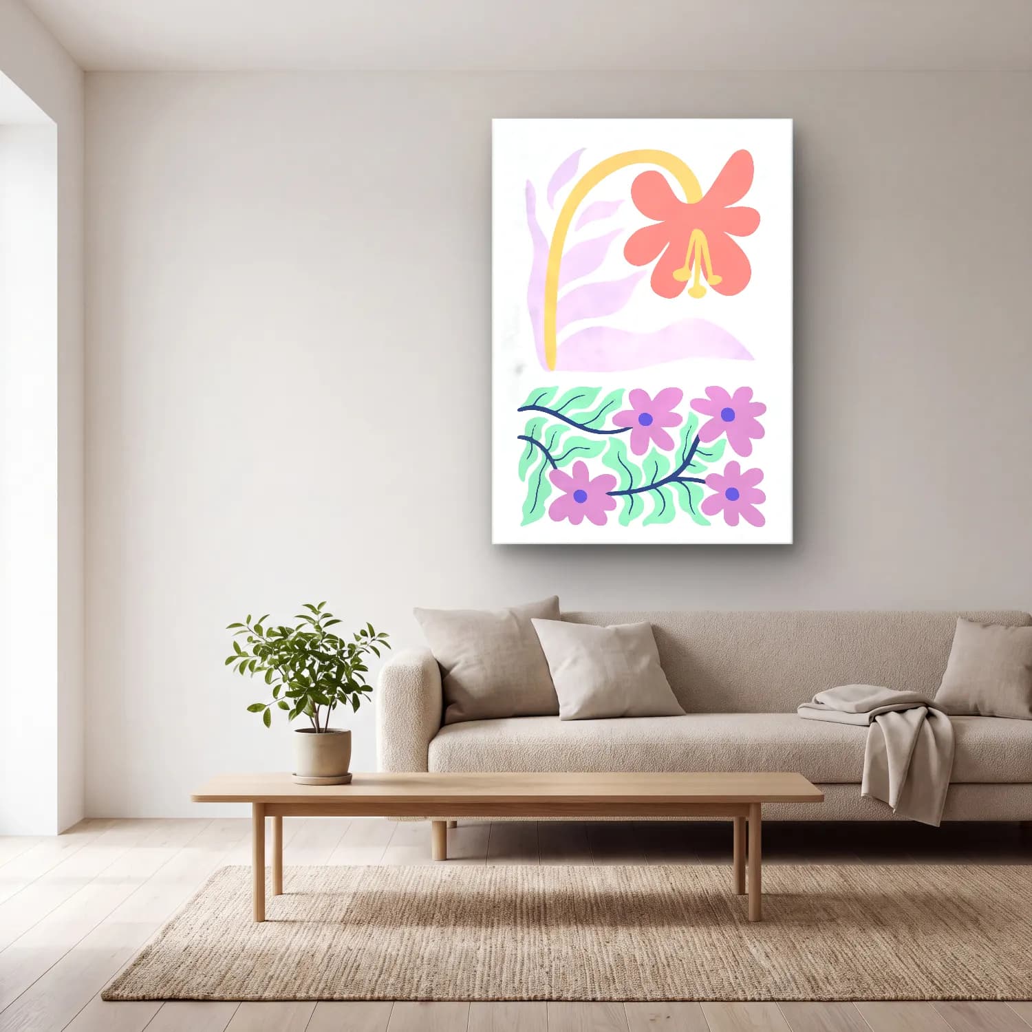Pastel Çiçek Deseni No. 169 cam tablo — açık renk salonda