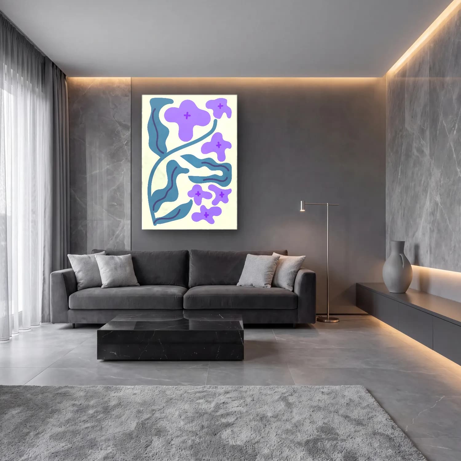 Boho Çiçek Deseni No. 54 cam tablo — lüks salon duvarında