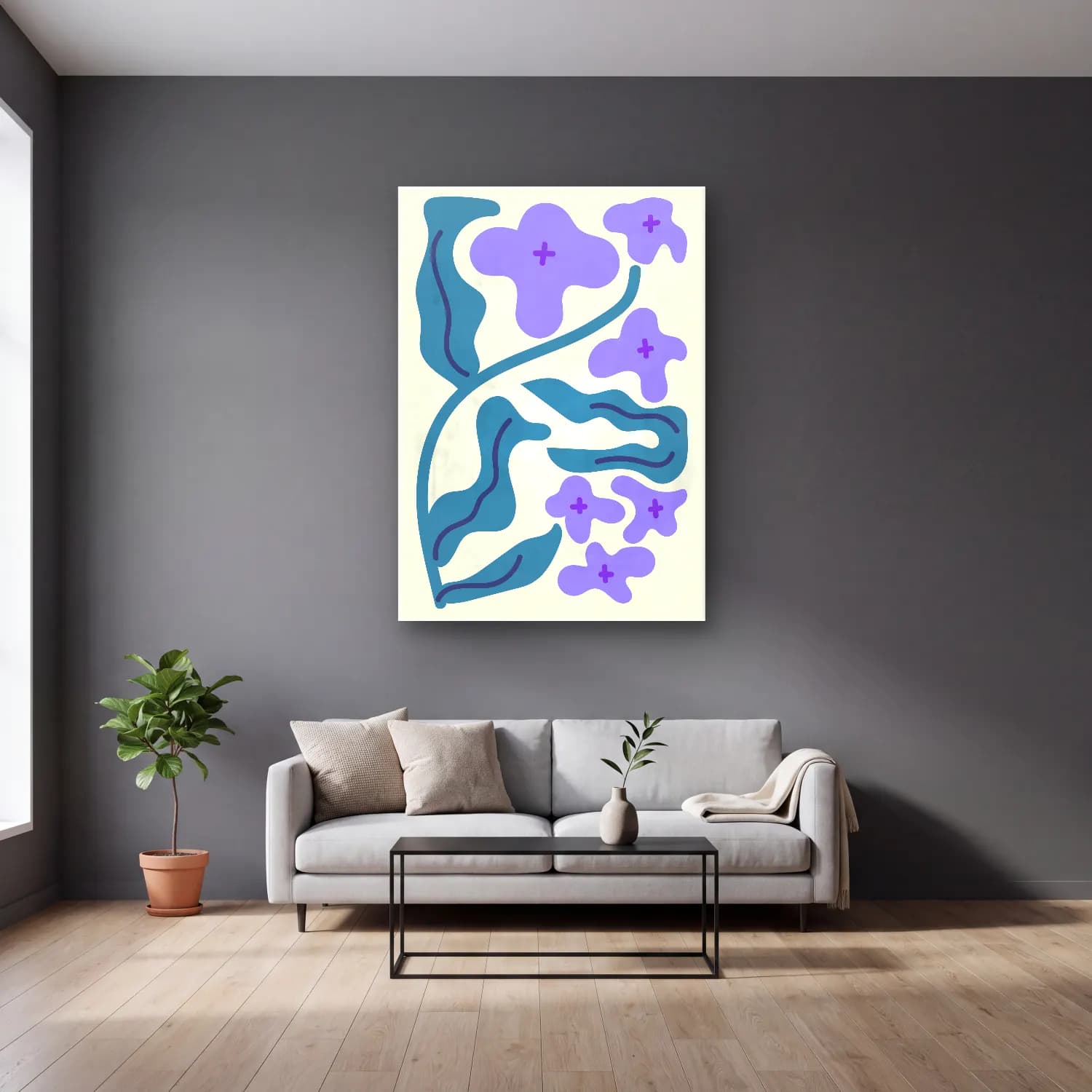 Boho Çiçek Deseni No. 54 cam tablo — gri duvarlı salonda