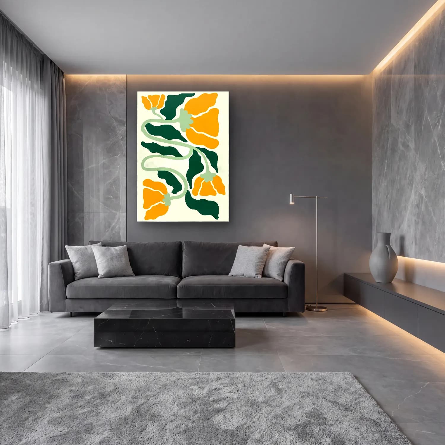 Boho Çiçek Deseni No. 55 cam tablo — lüks salon duvarında