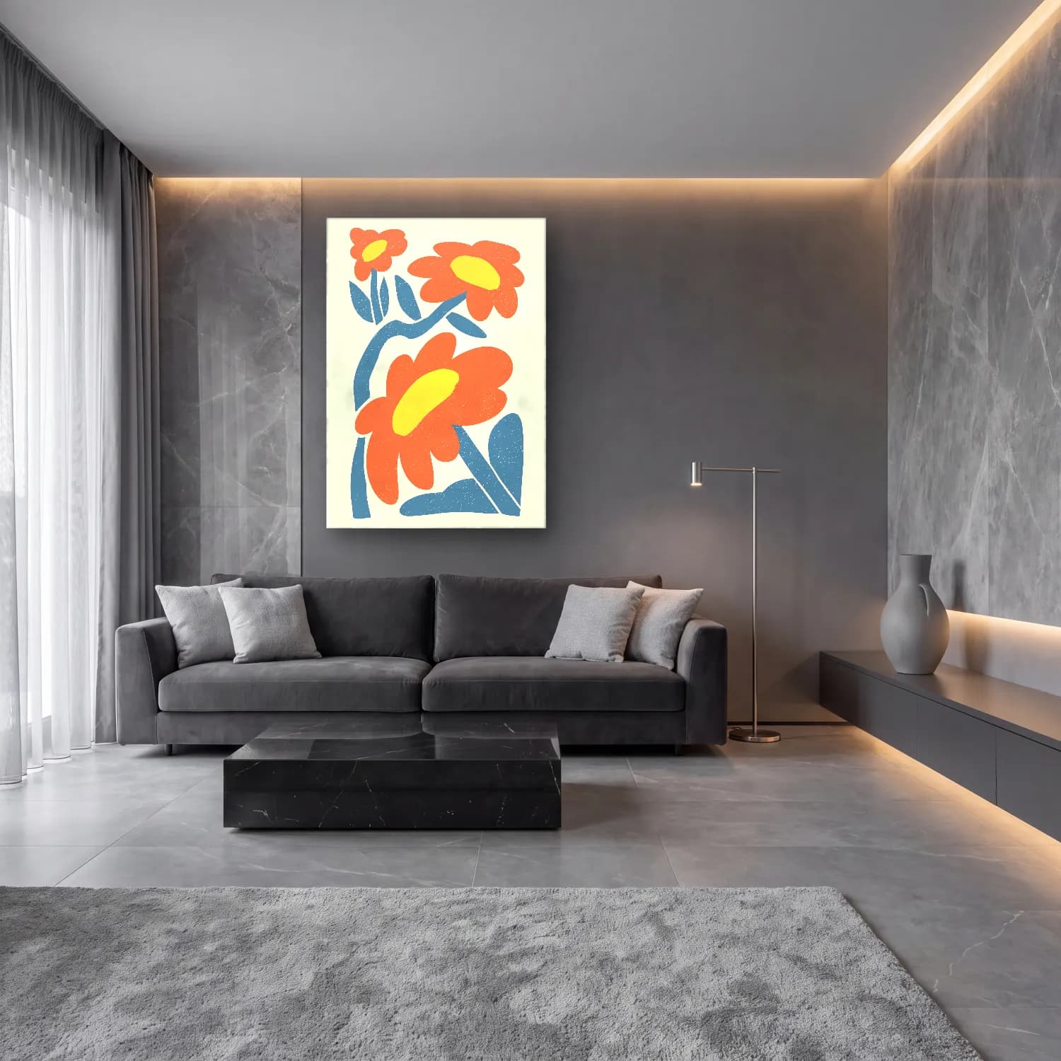 Boho Çiçek Deseni No. 58 cam tablo — lüks salon duvarında