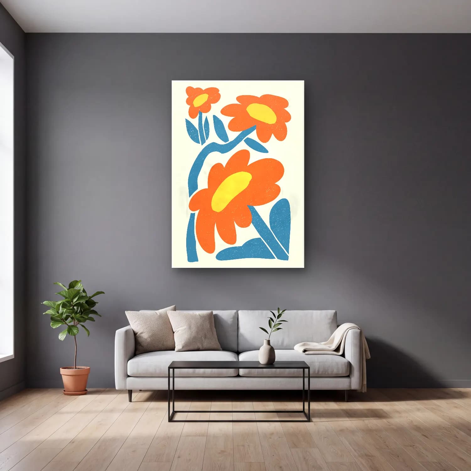 Boho Çiçek Deseni No. 58 cam tablo — gri duvarlı salonda