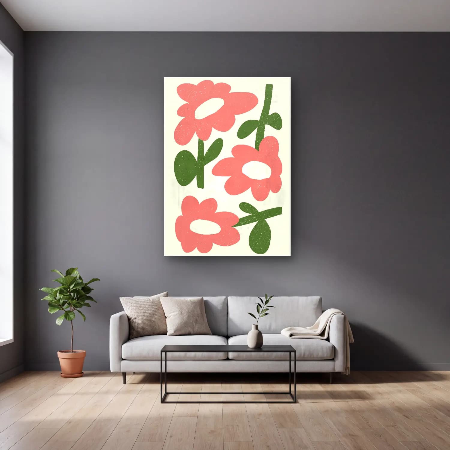 Pastel Çiçek Deseni No. 171 cam tablo — gri duvarlı salonda