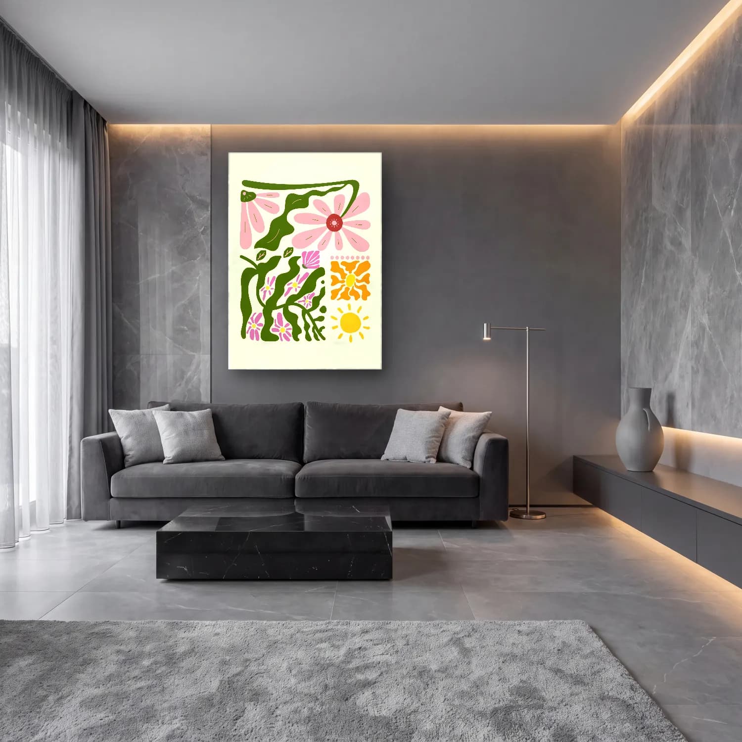 Pastel Çiçek Deseni No. 172 cam tablo — lüks salon duvarında