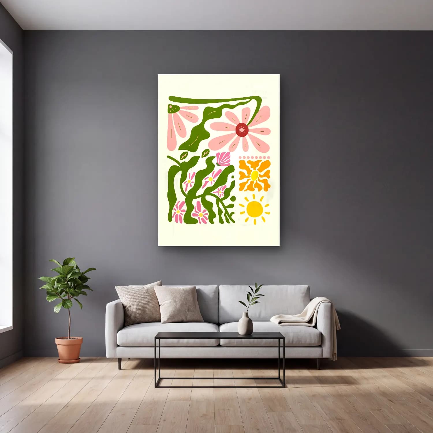 Pastel Çiçek Deseni No. 172 cam tablo — gri duvarlı salonda