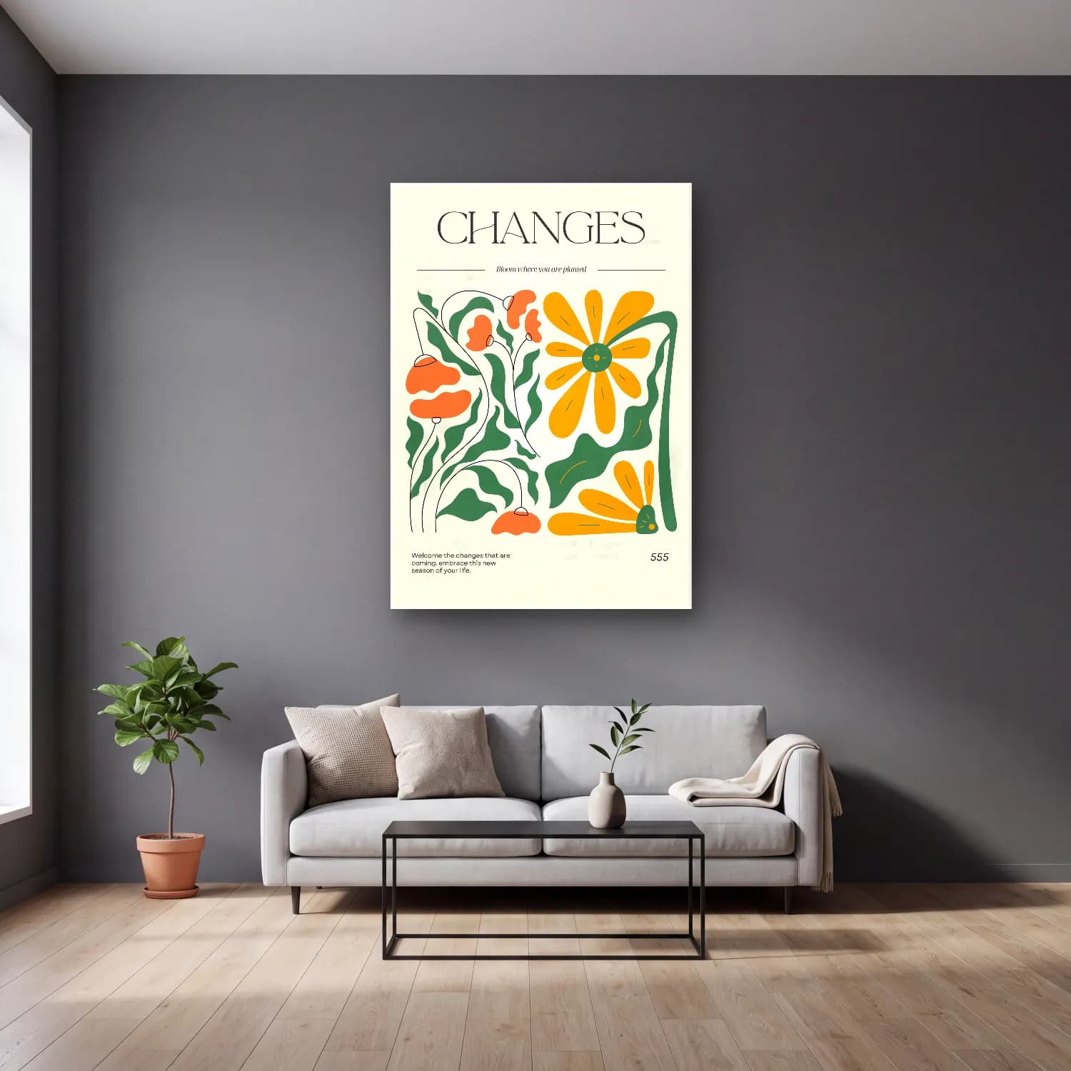 Vintage Poster Çiçek Deseni No. 4 cam tablo — gri duvarlı salonda