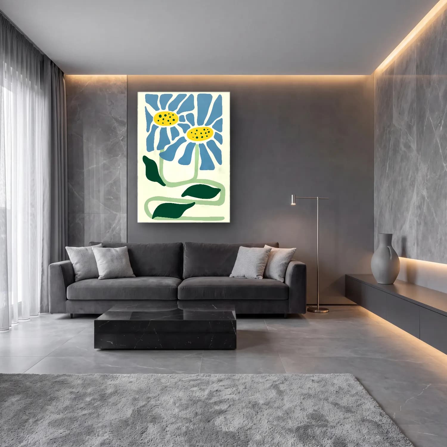 Boho Papatyalar No. 5 cam tablo — lüks salon duvarında