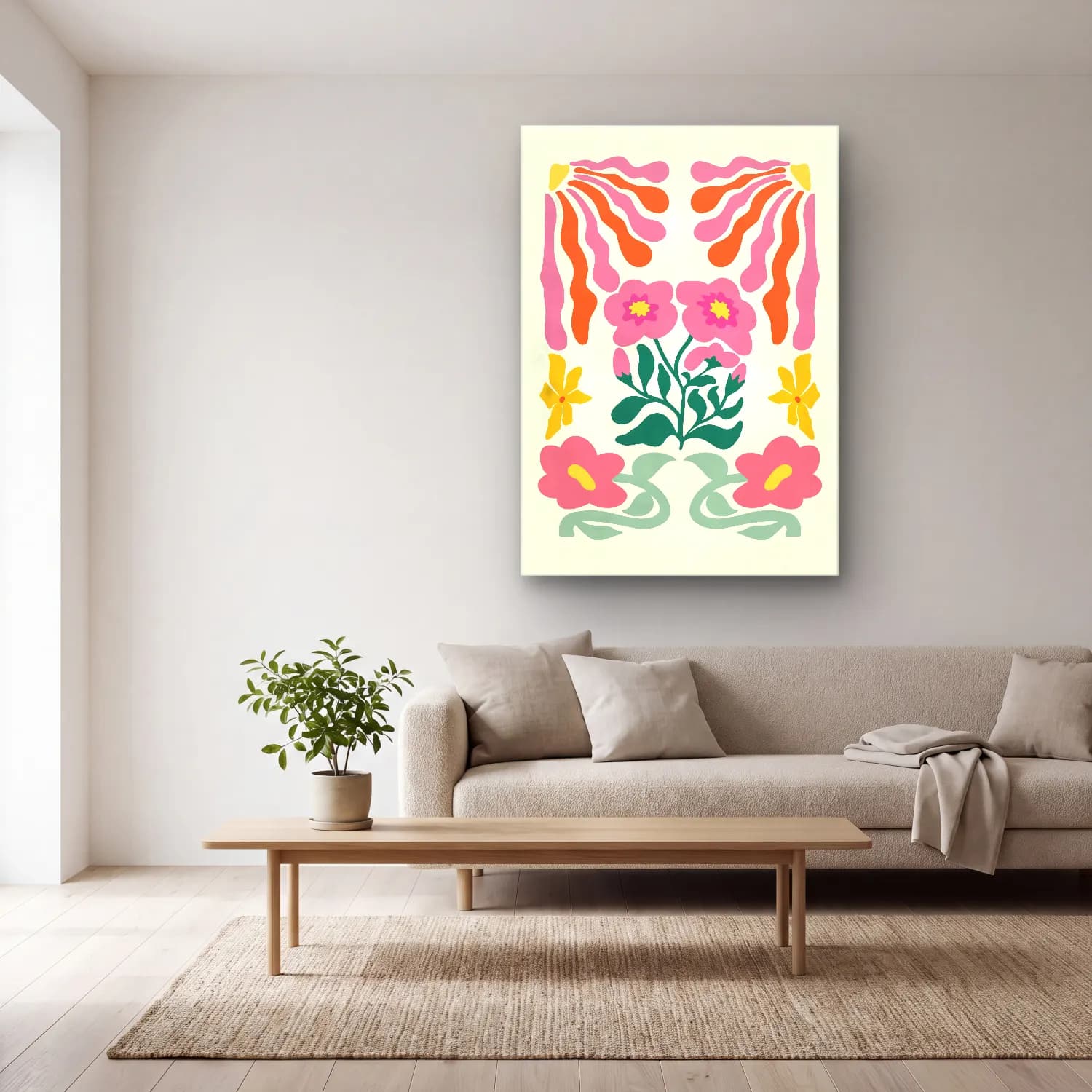 Boho Çiçek Deseni No. 59 cam tablo — açık renk salonda