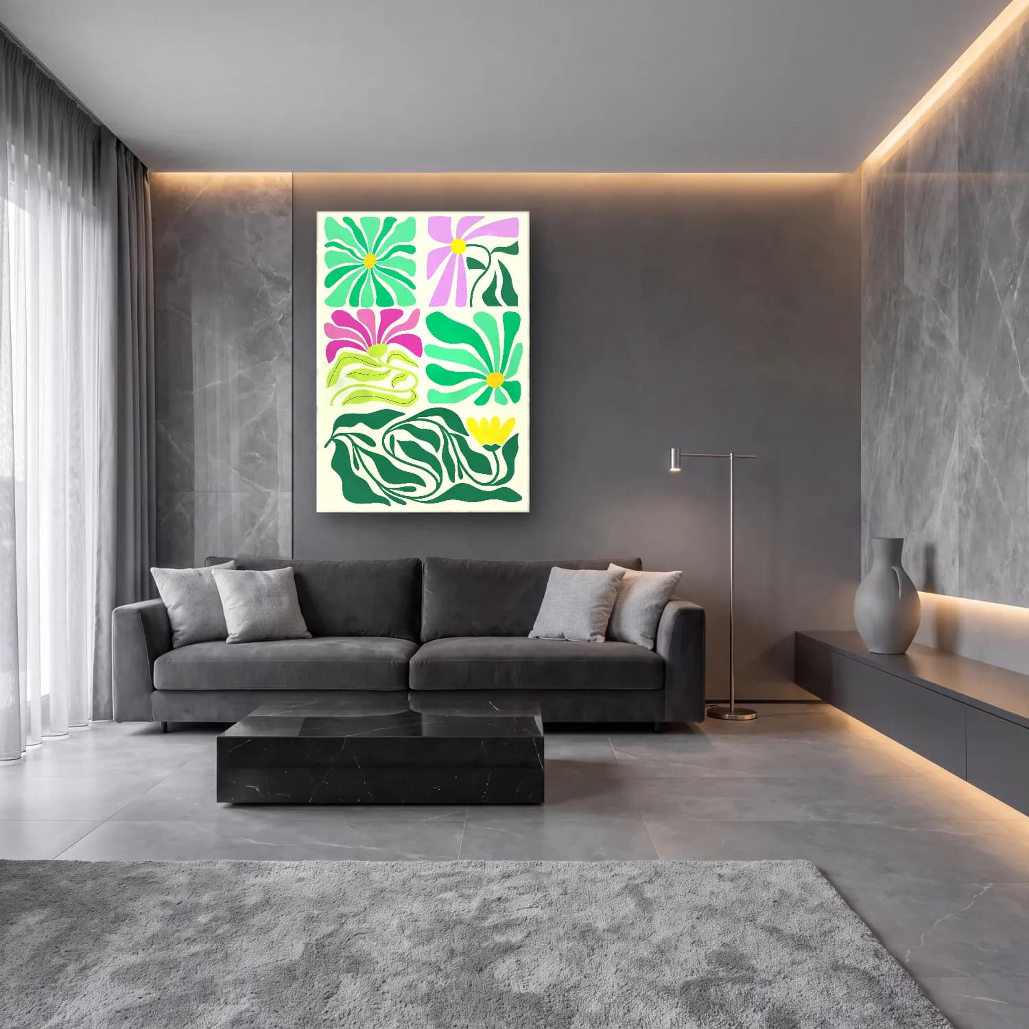 Boho Çiçek Deseni No. 60 cam tablo — lüks salon duvarında
