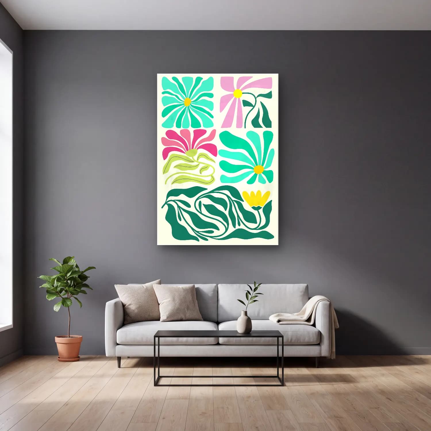 Boho Çiçek Deseni No. 60 cam tablo — gri duvarlı salonda