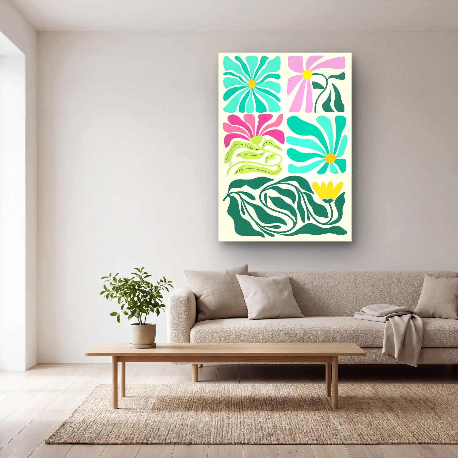 Boho Çiçek Deseni No. 60 cam tablo — açık renk salonda