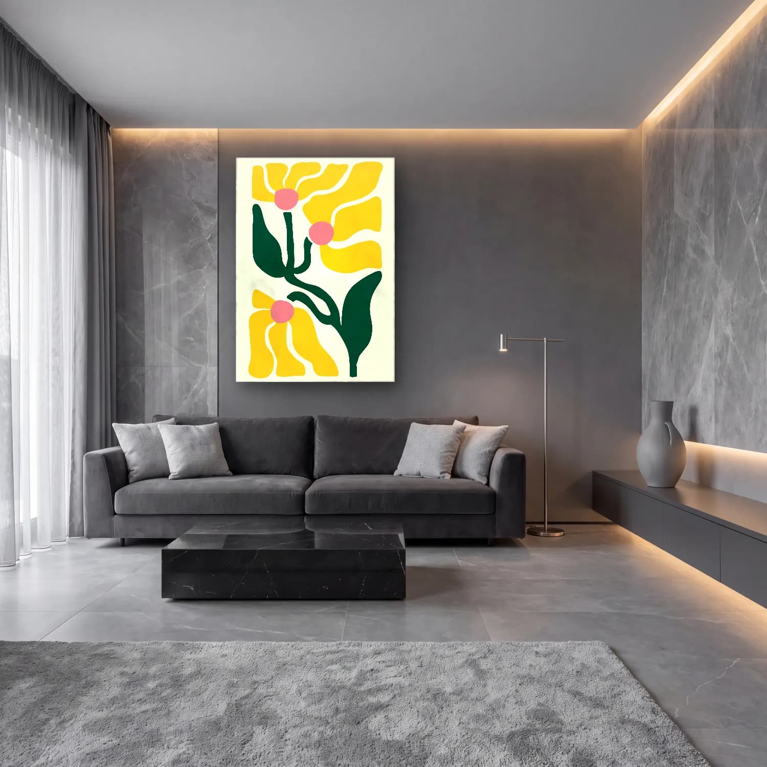 Boho Çiçek Deseni No. 63 cam tablo — lüks salon duvarında