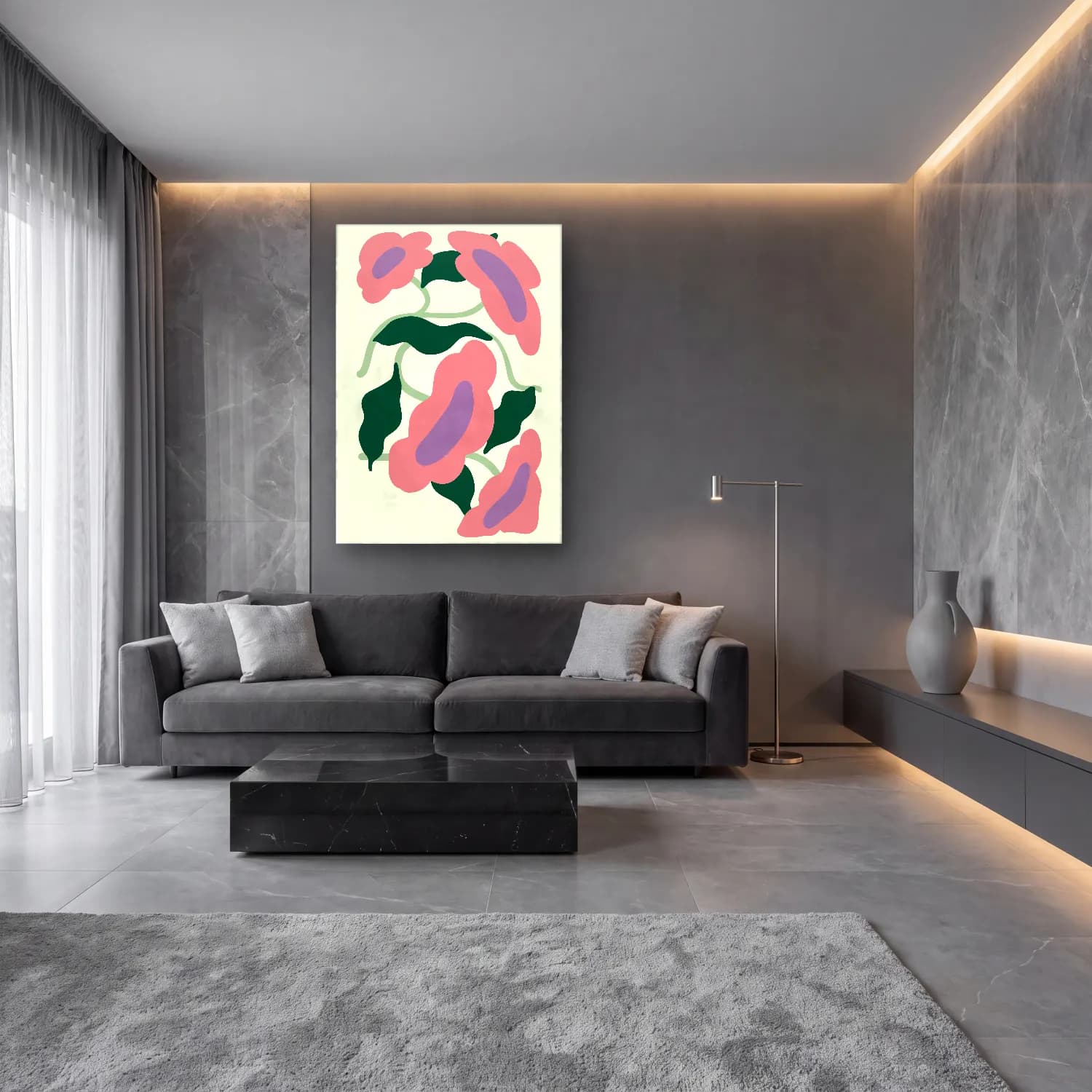 Boho Çiçek Deseni No. 64 cam tablo — lüks salon duvarında