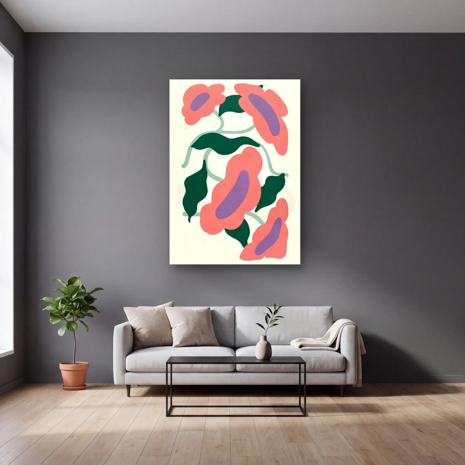Boho Çiçek Deseni No. 64 cam tablo — gri duvarlı salonda