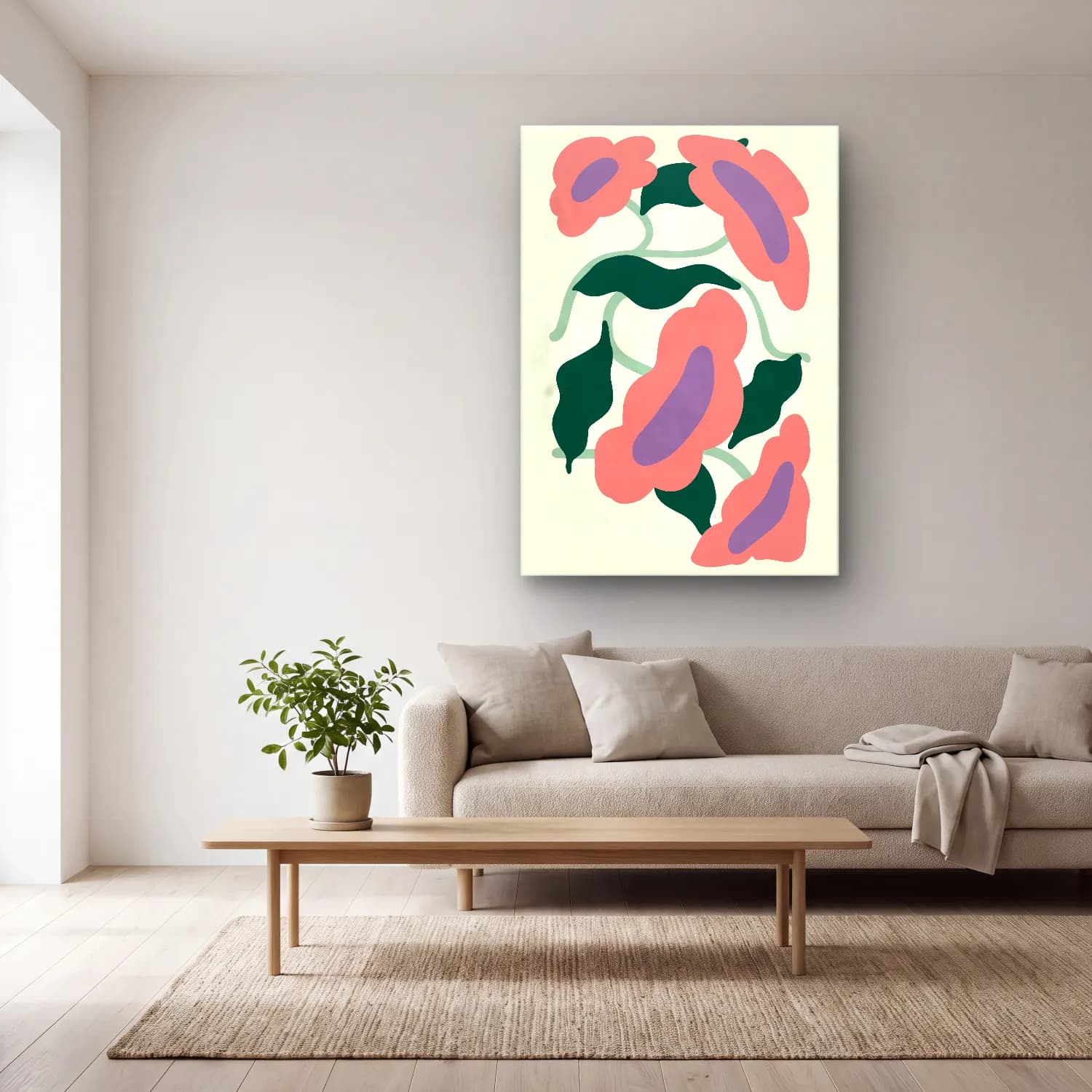 Boho Çiçek Deseni No. 64 cam tablo — açık renk salonda