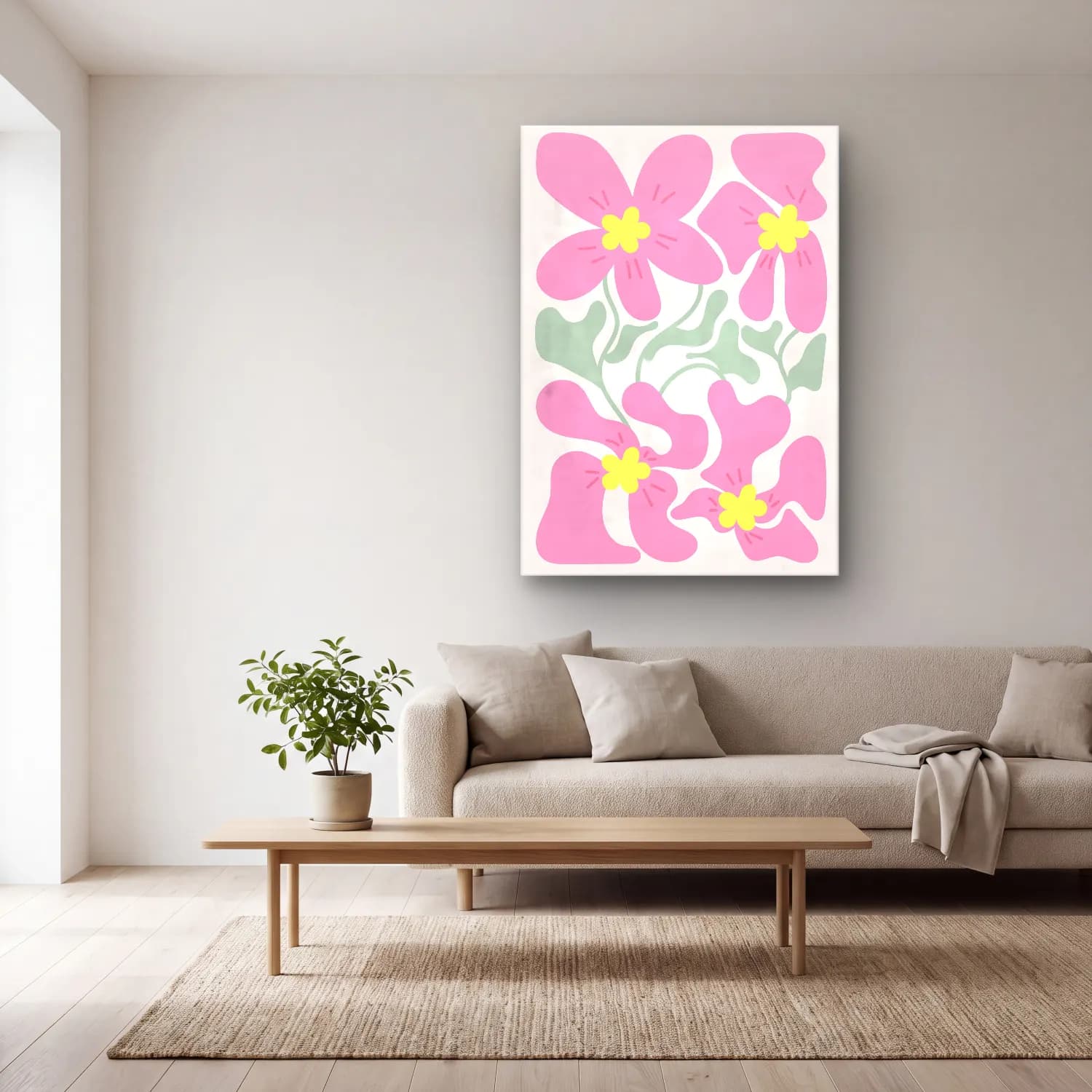 Pastel Çiçek Deseni No. 174 cam tablo — açık renk salonda
