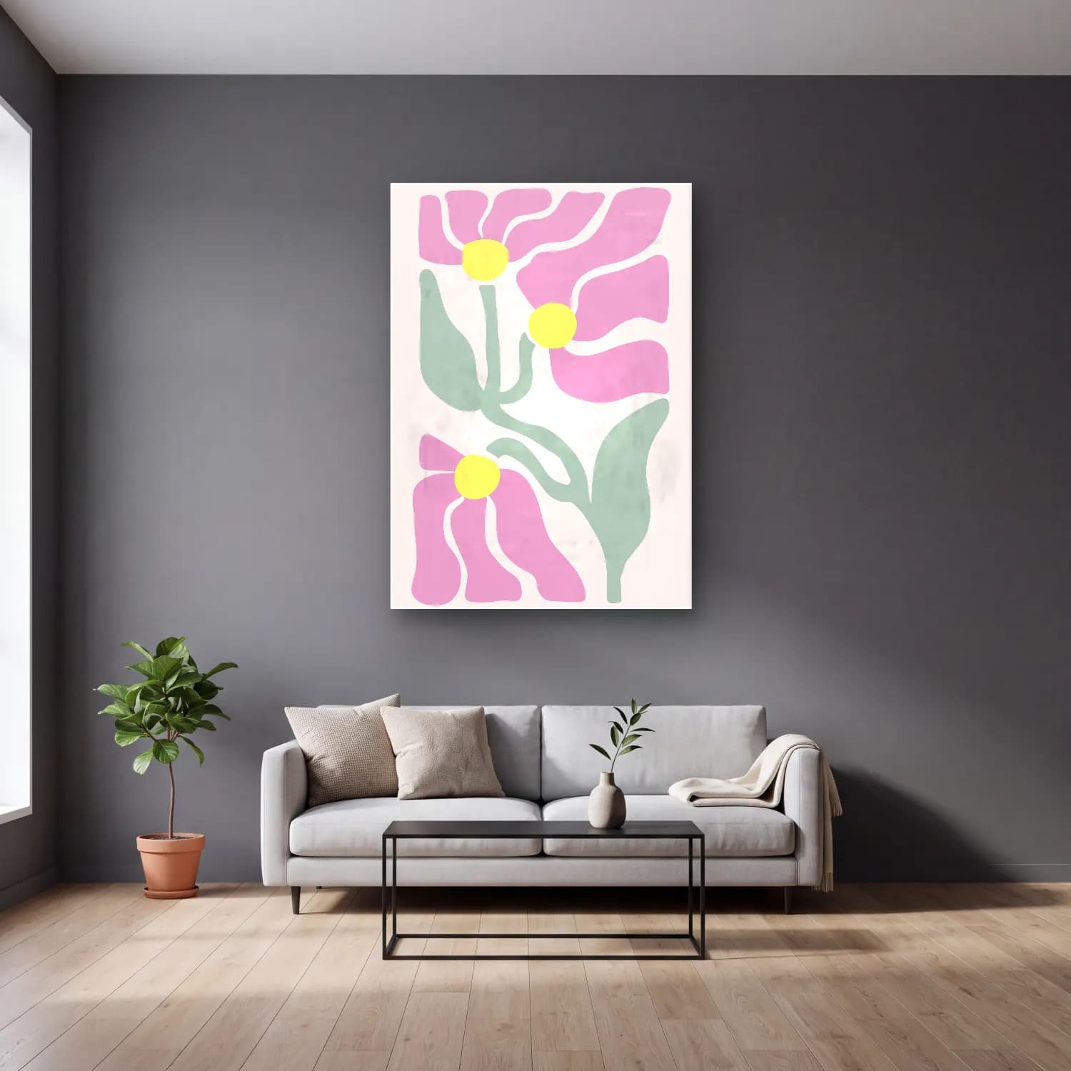 Pastel Çiçek Deseni No. 175 cam tablo — gri duvarlı salonda