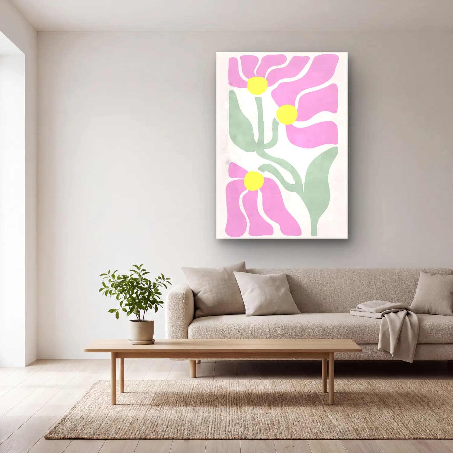 Pastel Çiçek Deseni No. 175 cam tablo — açık renk salonda