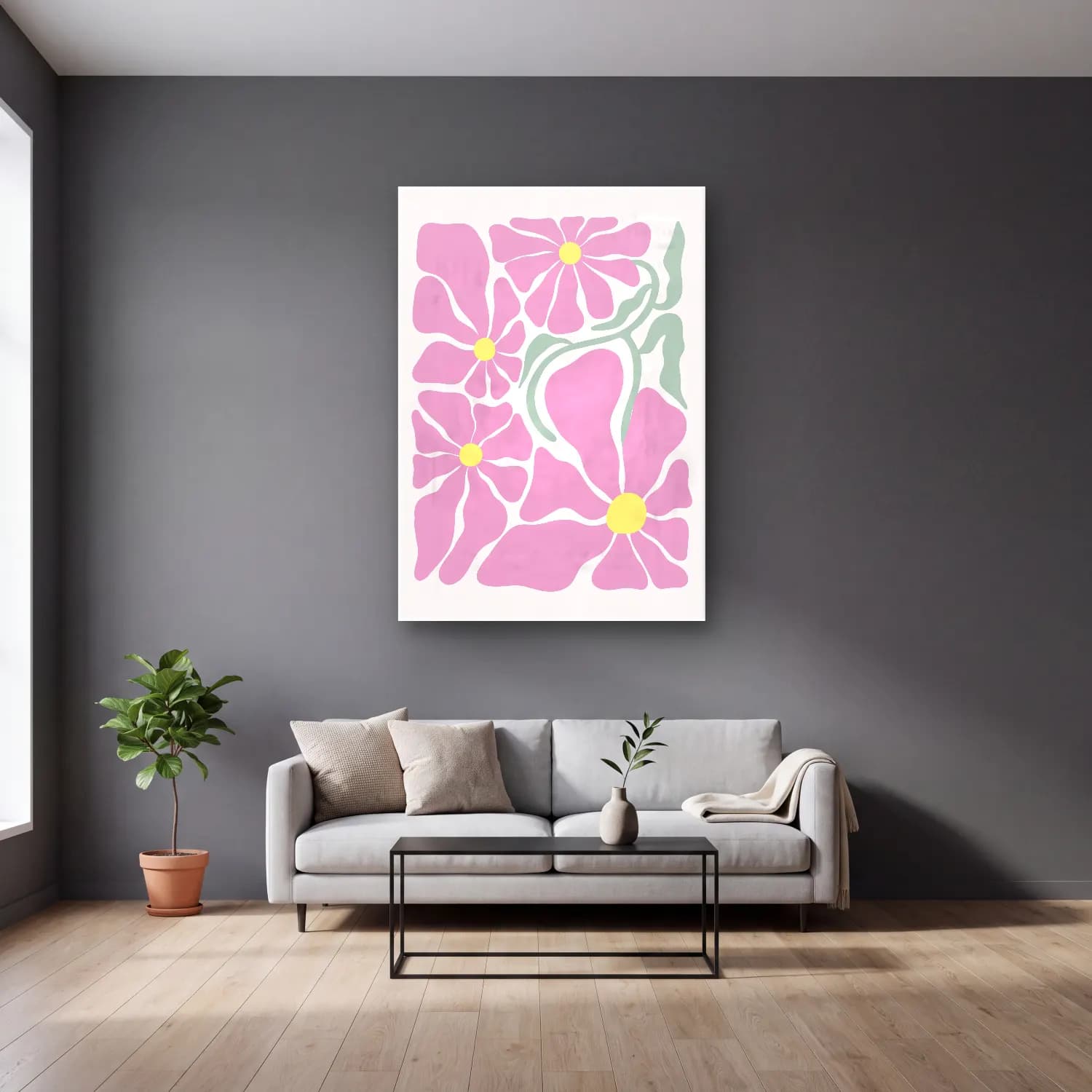 Pastel Çiçek Deseni No. 180 cam tablo — gri duvarlı salonda