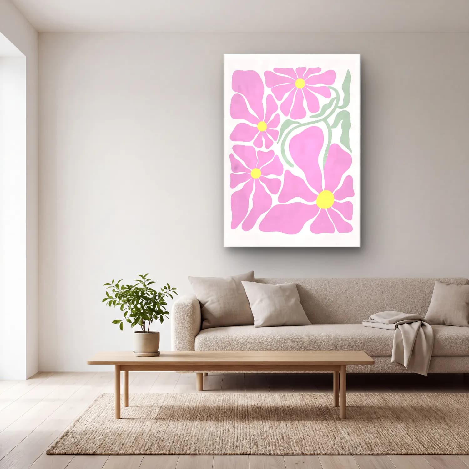 Pastel Çiçek Deseni No. 180 cam tablo — açık renk salonda