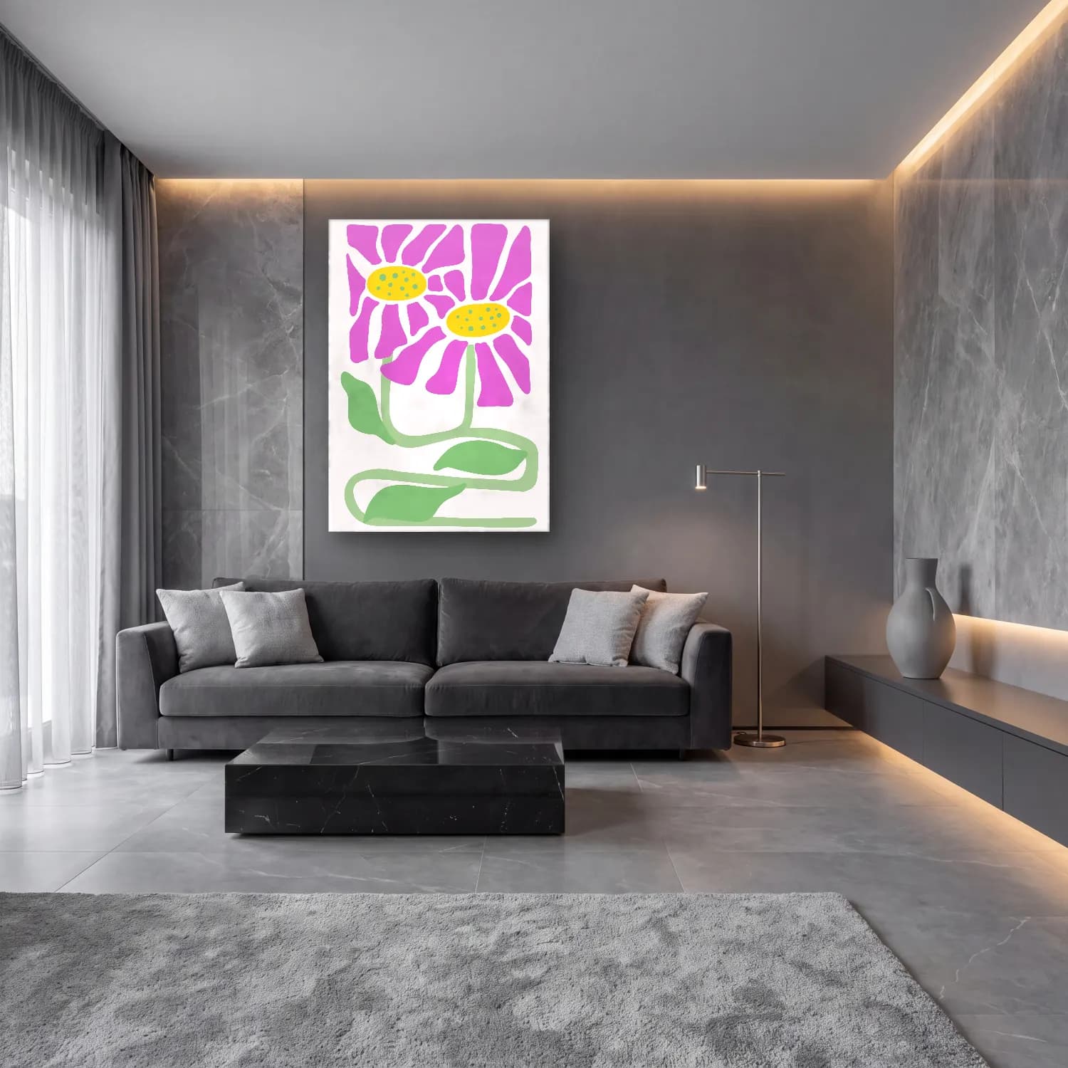 Pastel Papatyalar No. 18 cam tablo — lüks salon duvarında